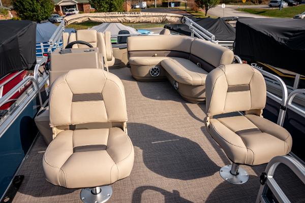 2025 Sun Tracker BASS BUGGY 18 pontoon boat with beige seating and spacious deck.