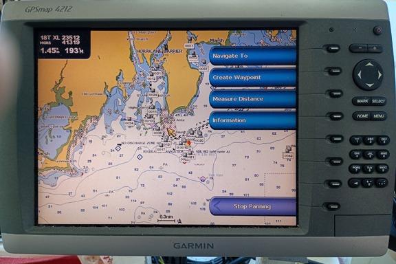 Garmin GPSmap 4212 displaying nautical chart on Thompson Passenger and Dive Trawler, 1980 model.