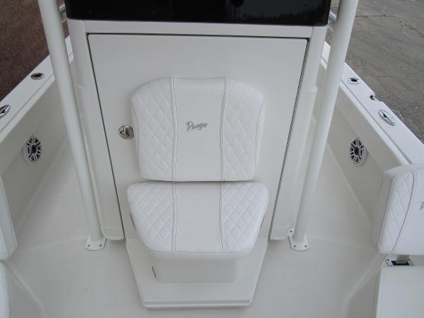 2024 Ranger 2360 Bay boat with white cushioned seating.