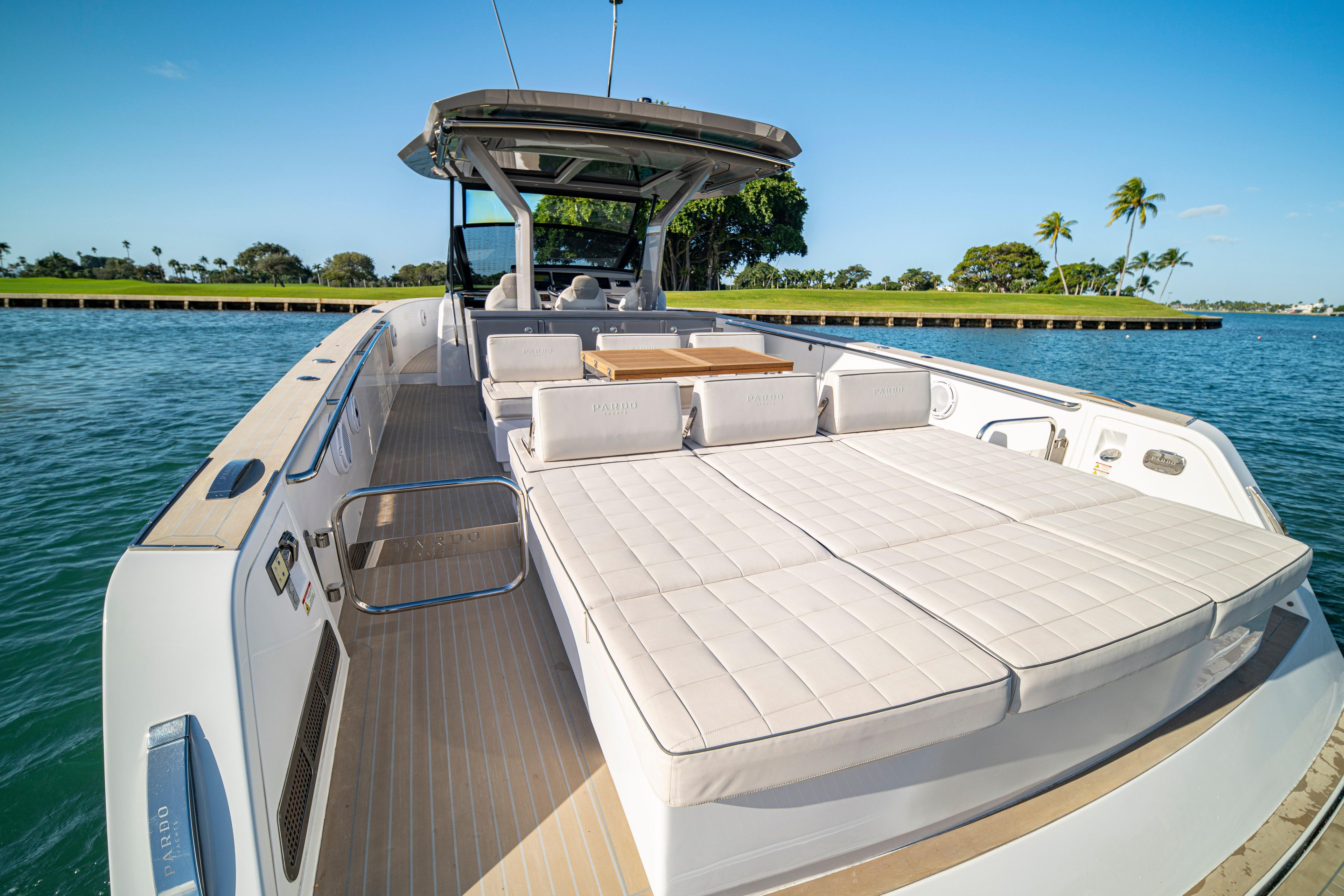 2024 Pardo Yachts P43 luxury yacht with spacious deck and sunbathing area.