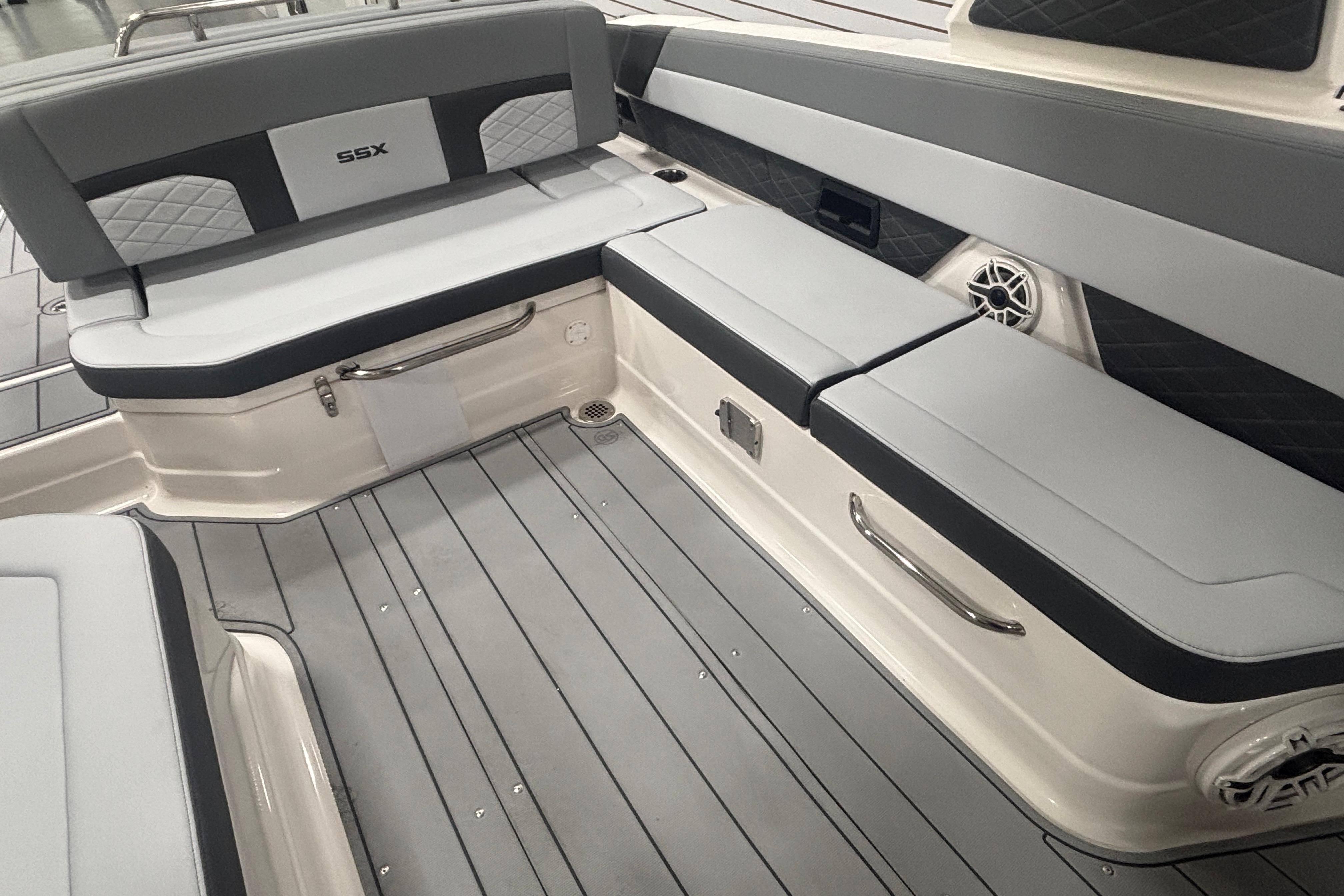 2026 Chaparral SSX 30 boat interior with gray seating and modern design.