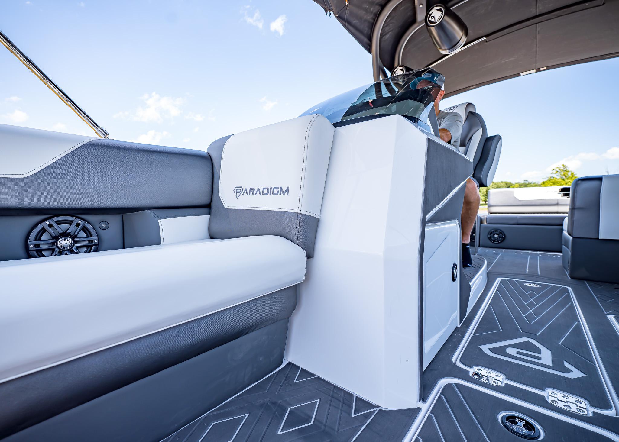 2025 Paradigm Damascus 266 Surf boat interior with modern seating and sleek design.