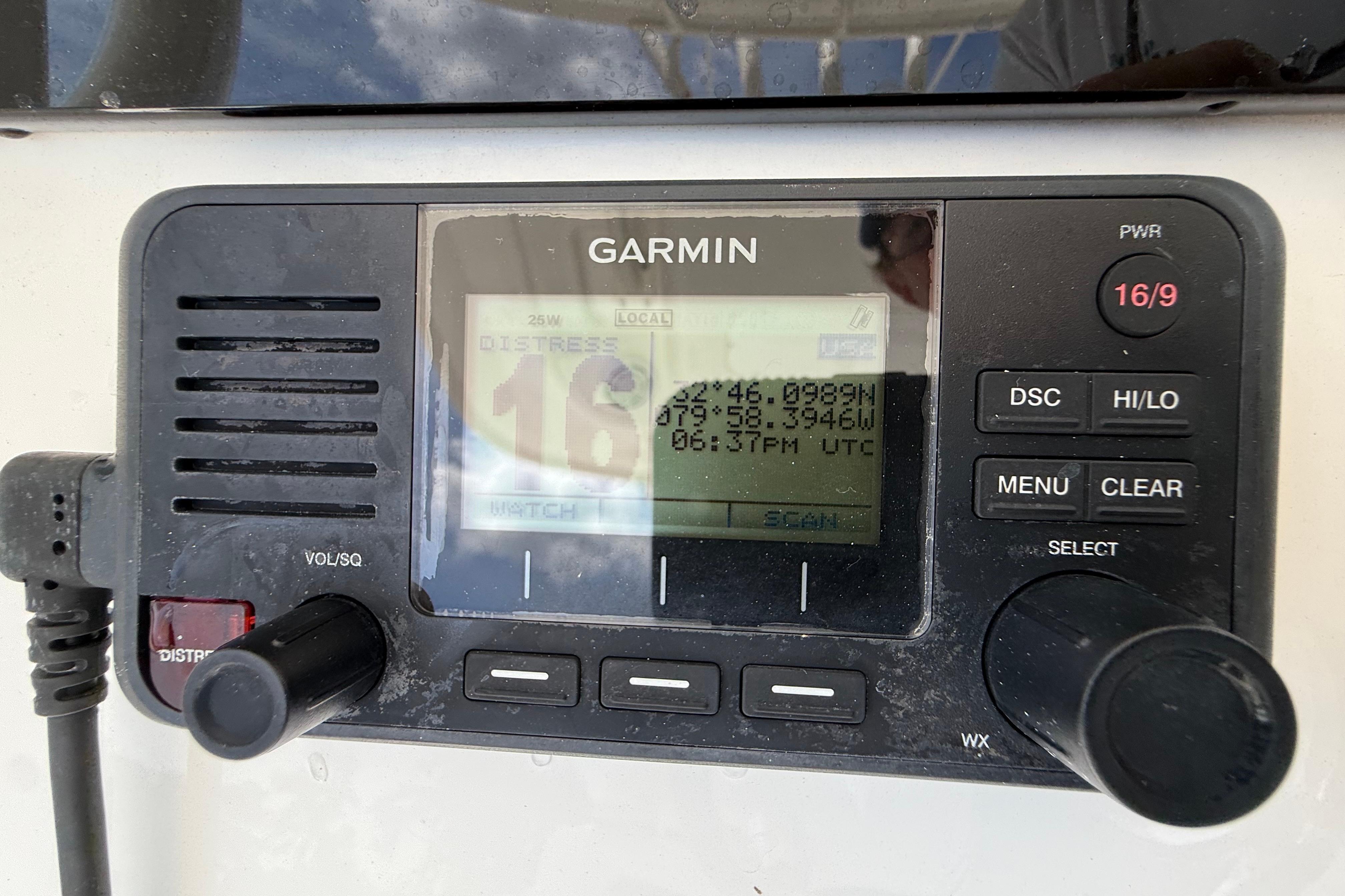 Garmin marine radio on 2019 Regulator 26XO boat, displaying distress channel 16.