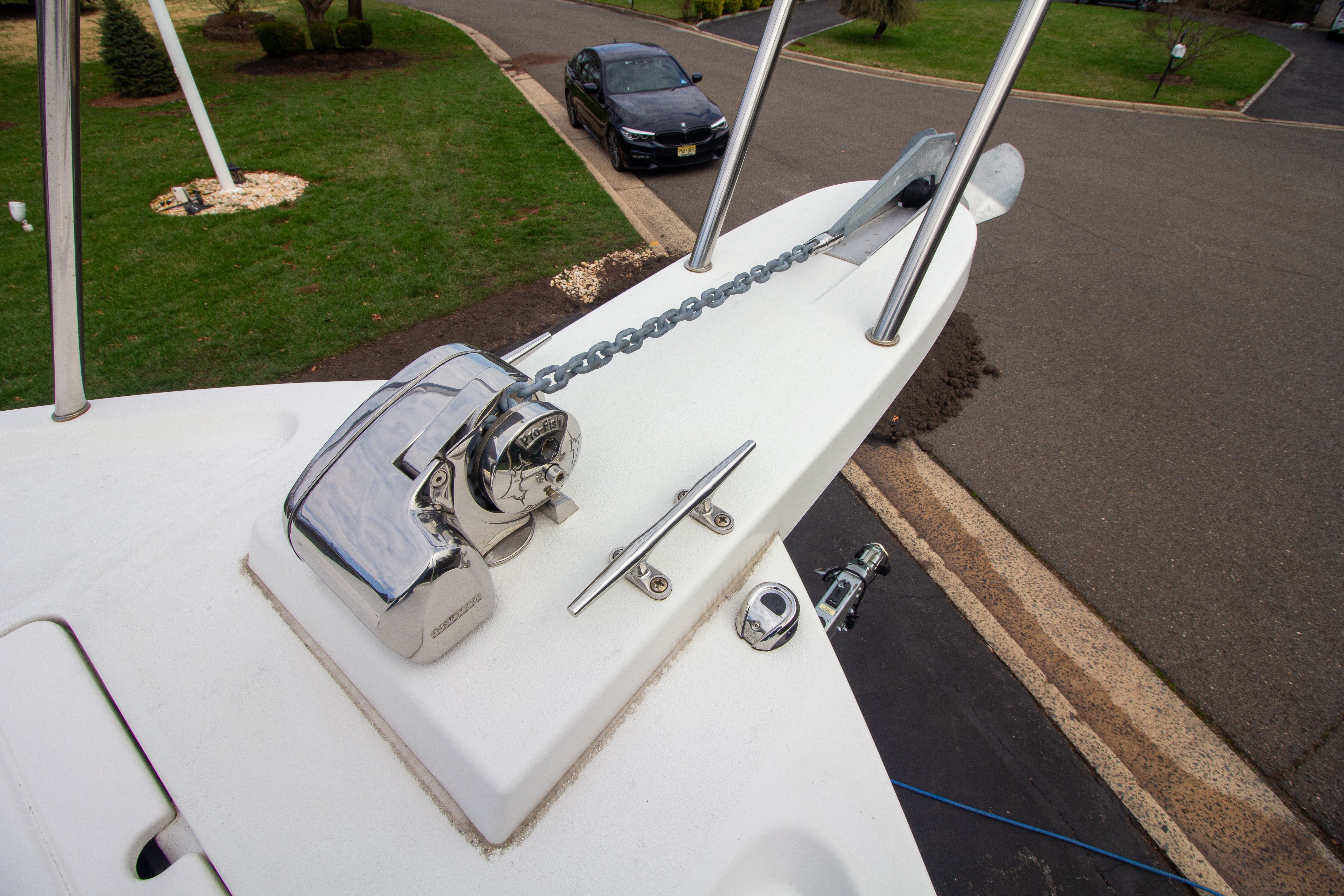 Bow view of 2022 Parker 2520 XLD Sport Cabin with anchor windlass.