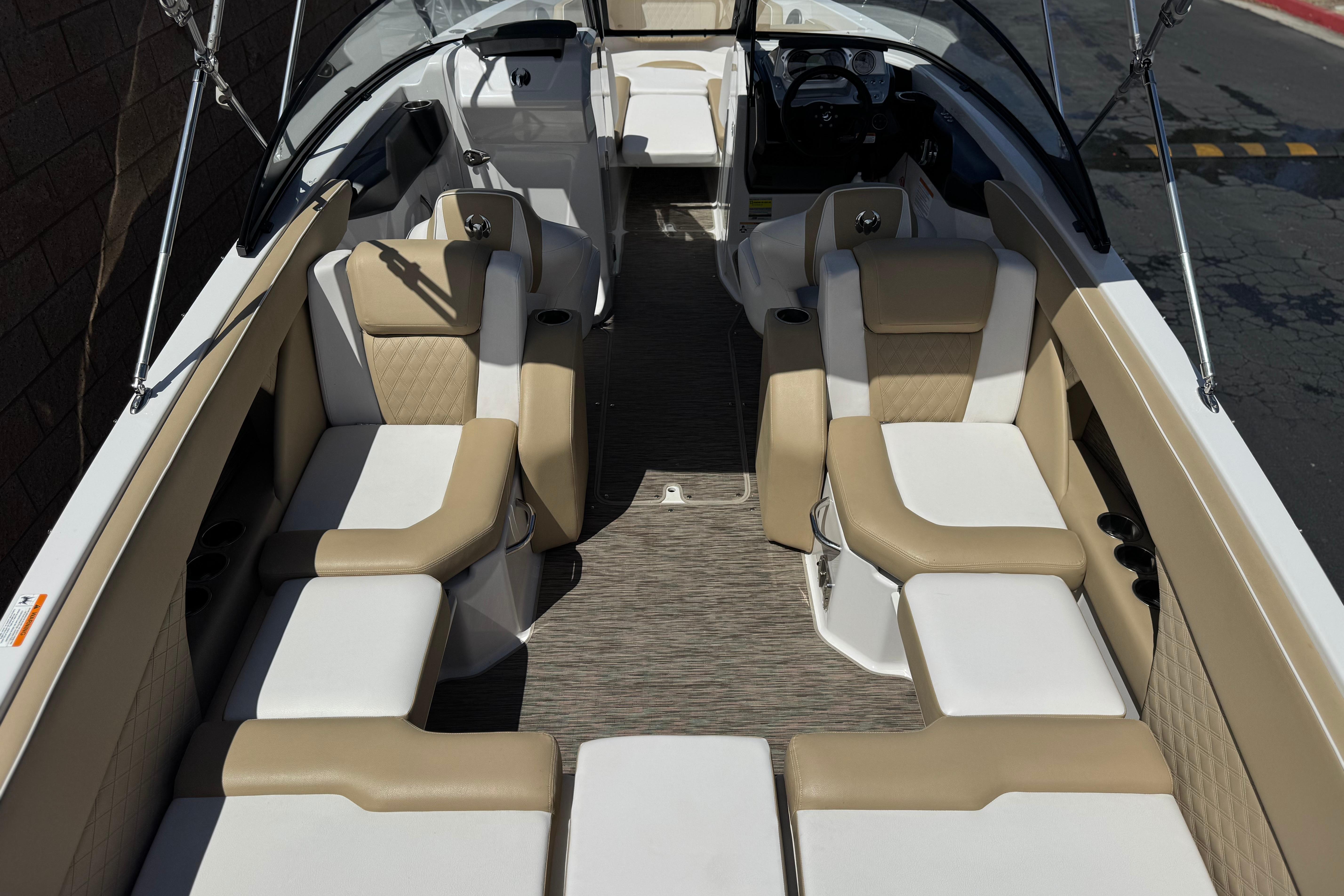 2017 Scarab 255 H.O. Platinum boat interior with beige and white seating.