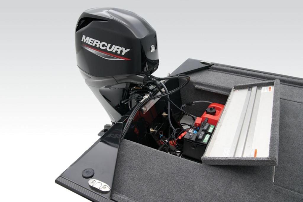2026 Tracker Bass Tracker Classic XL with Mercury outboard motor and open storage compartment.