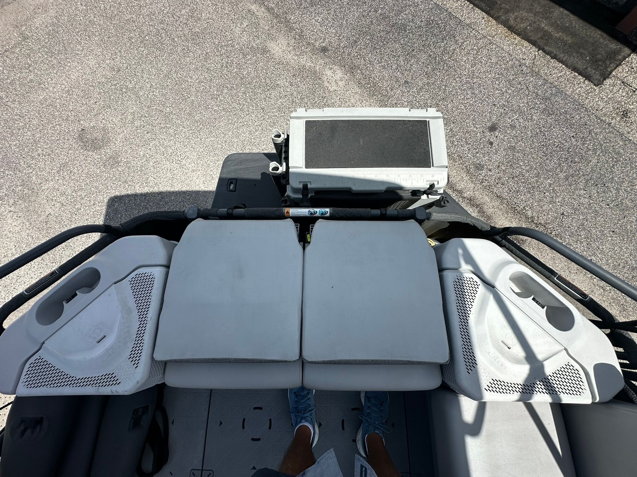 Top view of a Sea-Doo 21 SWITCH SPORT cockpit with gray seating.
