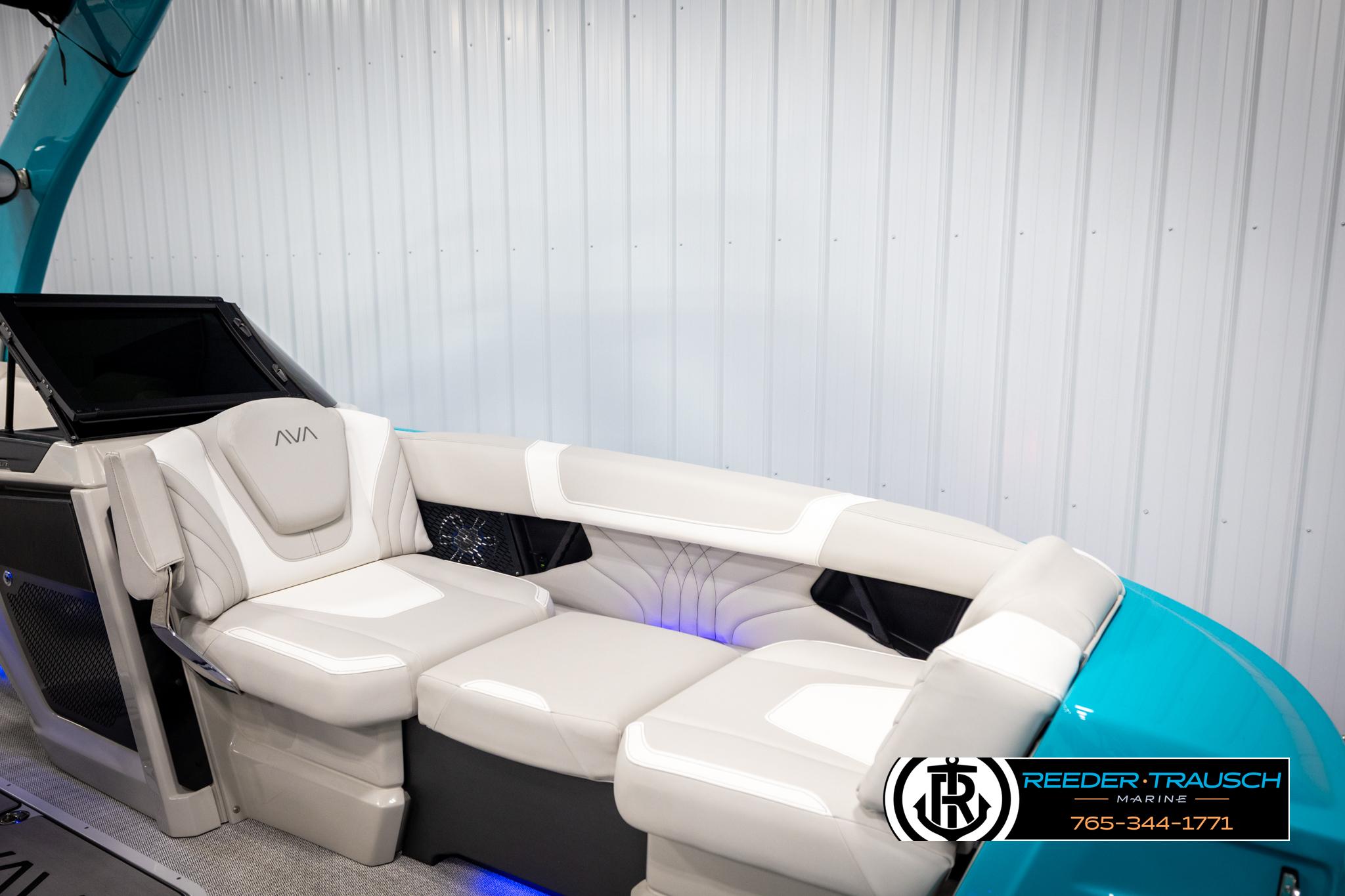 Luxurious seating on 2025 Avalon 2585 Excal VRBW boat, featuring modern design and comfort.