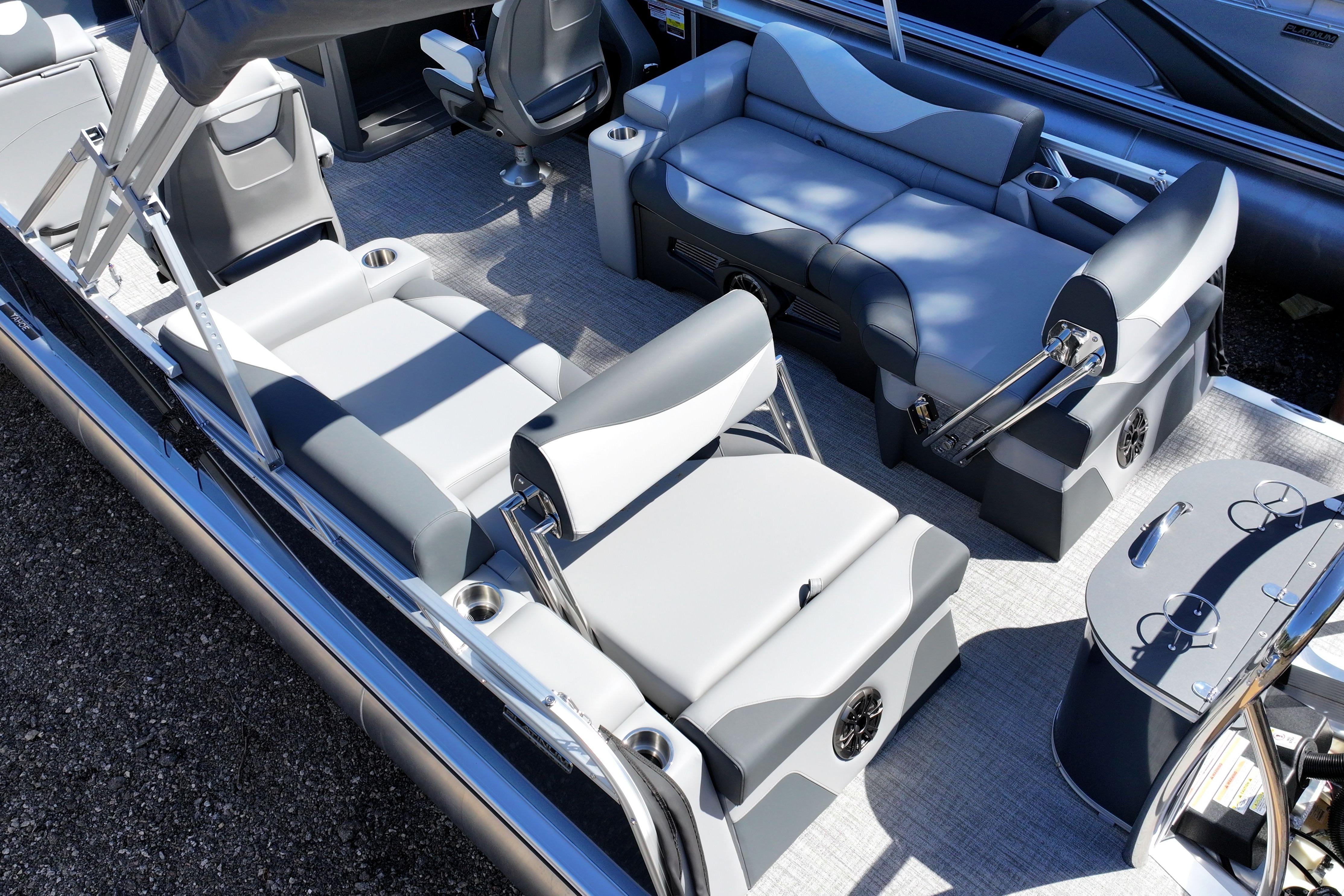 2026 Tahoe Pontoon LTZ Quad Lounger interior with luxurious seating and modern design.