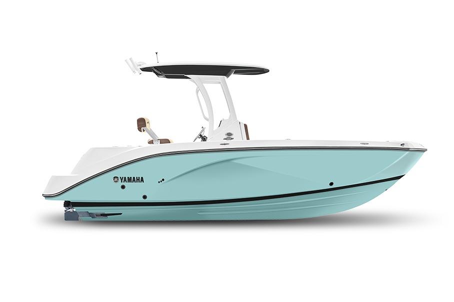 Manufacturer Provided Image: 2026 Yamaha Boats 222 FSH Sport E, sleek design, light blue hull, side view.