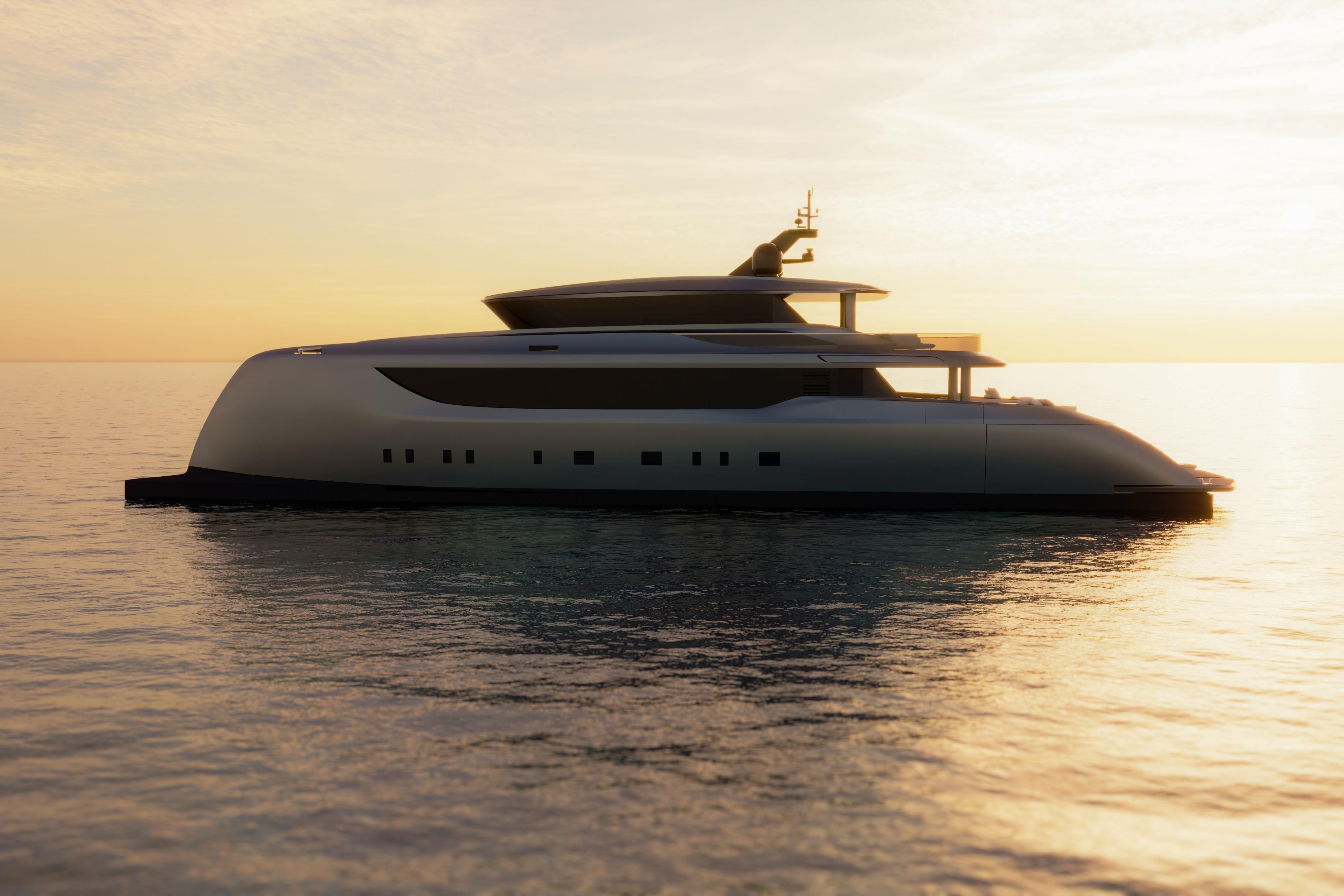 2026 Sunreef 40M Explorer Eco yacht at sunset on calm sea.