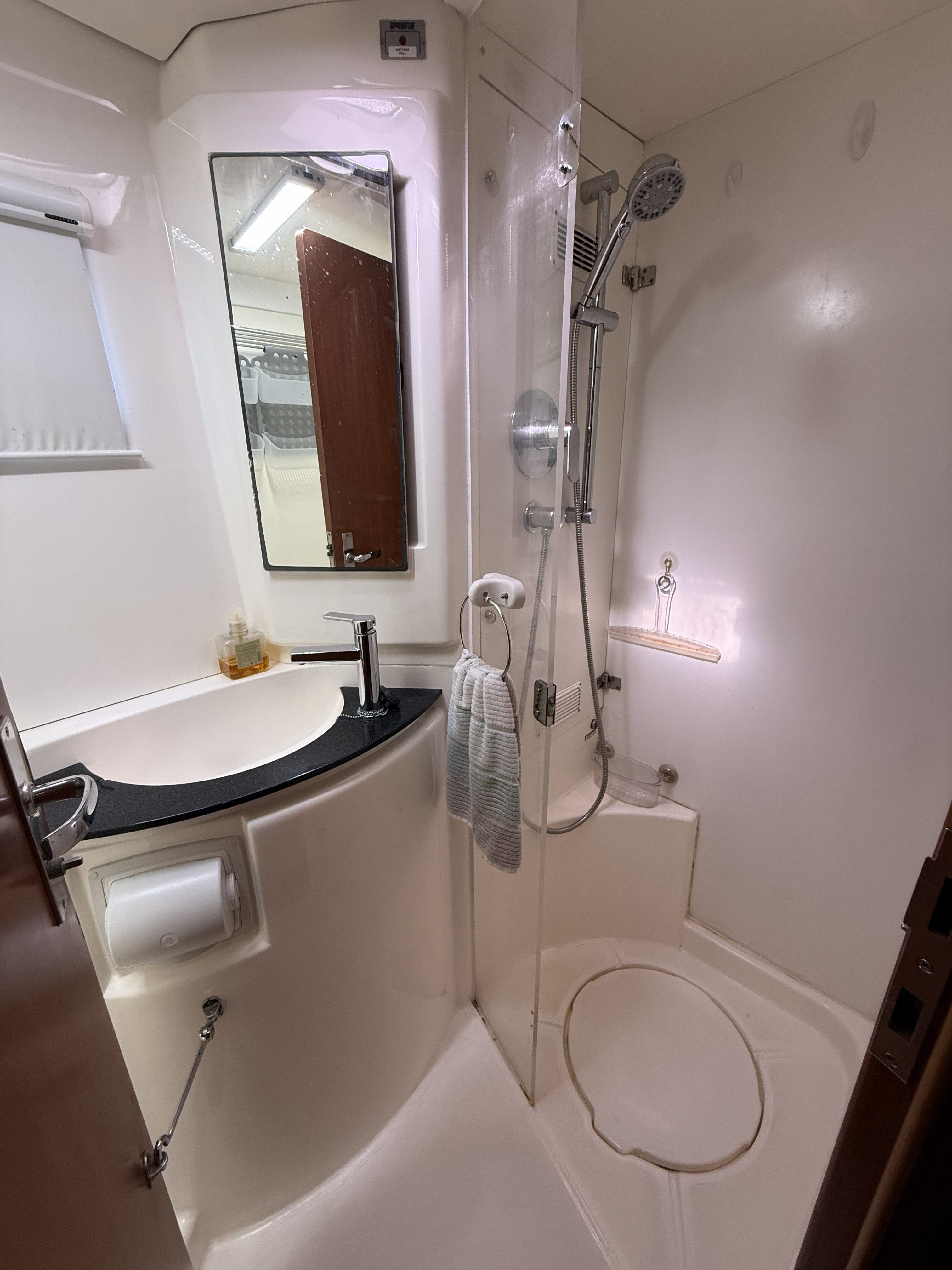 Bathroom of a 2008 Leopard 46 yacht with shower and sink.