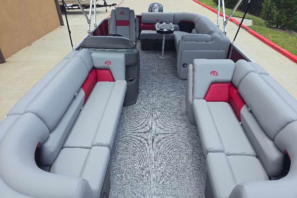 2026 Sun Tracker Party Barge 20 DLX interior with spacious seating and modern design.