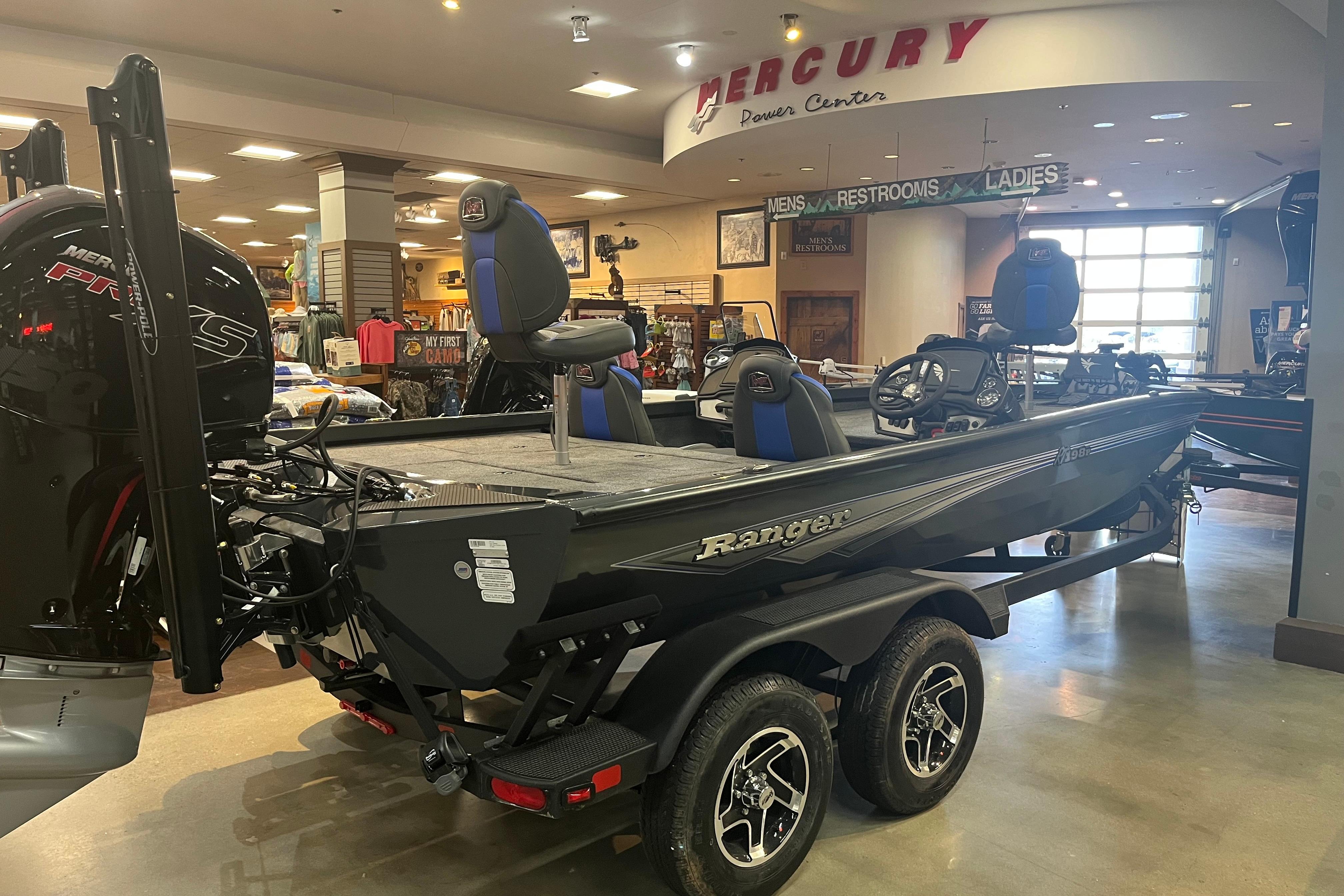 2026 Ranger RT198P boat displayed indoors at Mercury Power Center.