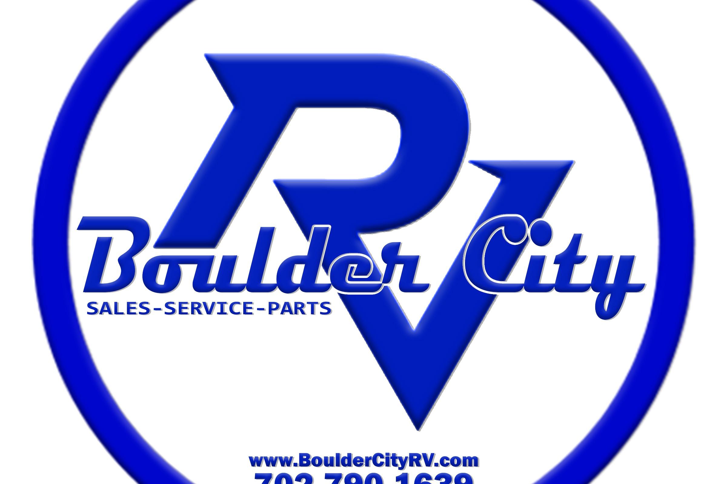 Boulder City RV logo with sales, service, parts information in blue text.