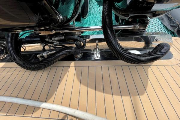 2020 Scout 420 LXF boat deck with visible engine components and wiring.