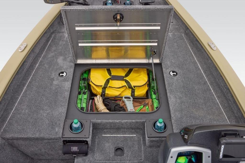 2026 Tracker Pro Team 175 boat storage compartment with gear and accessories.