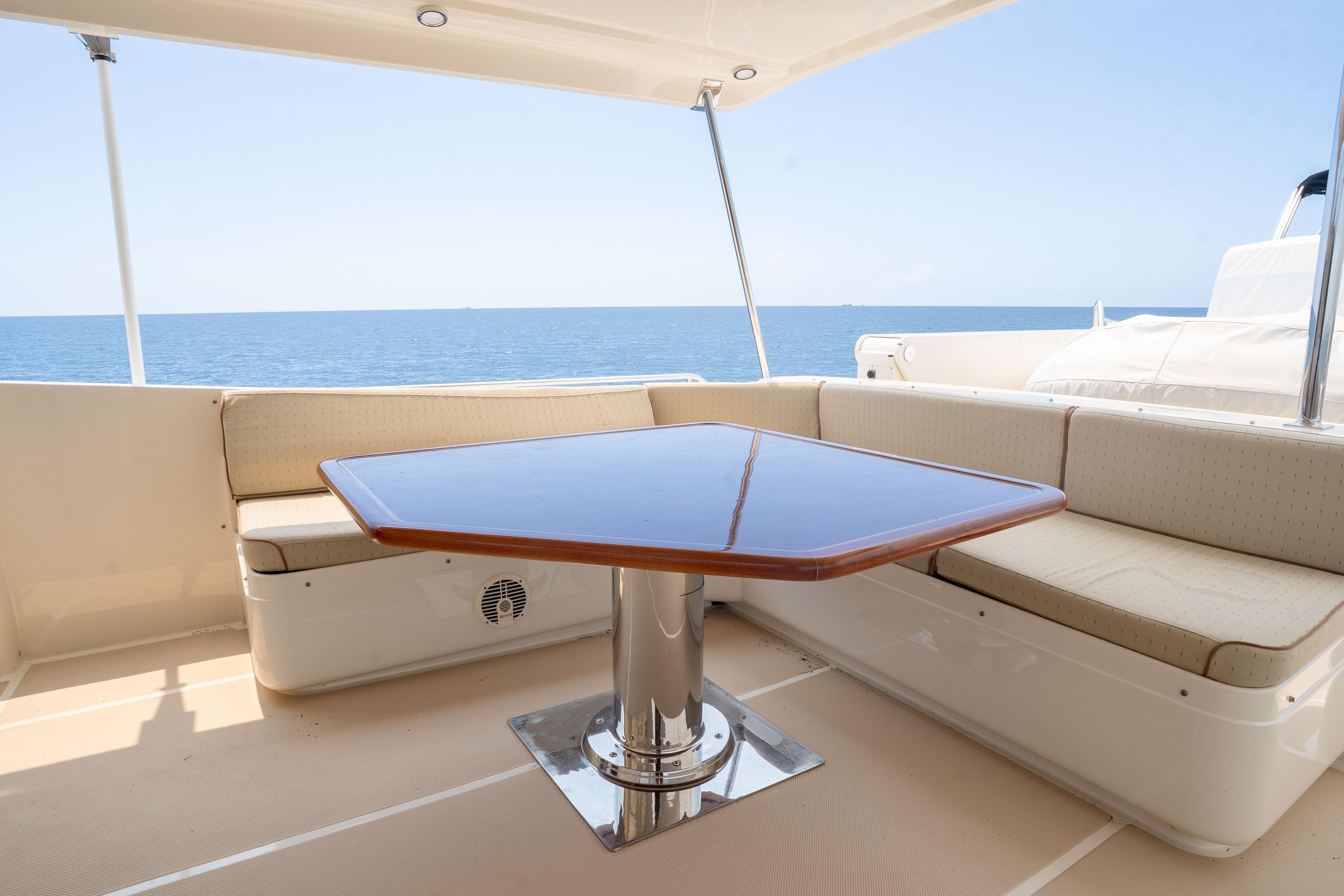 Spacious deck seating area on 2006 Fleming 75 yacht with ocean view.