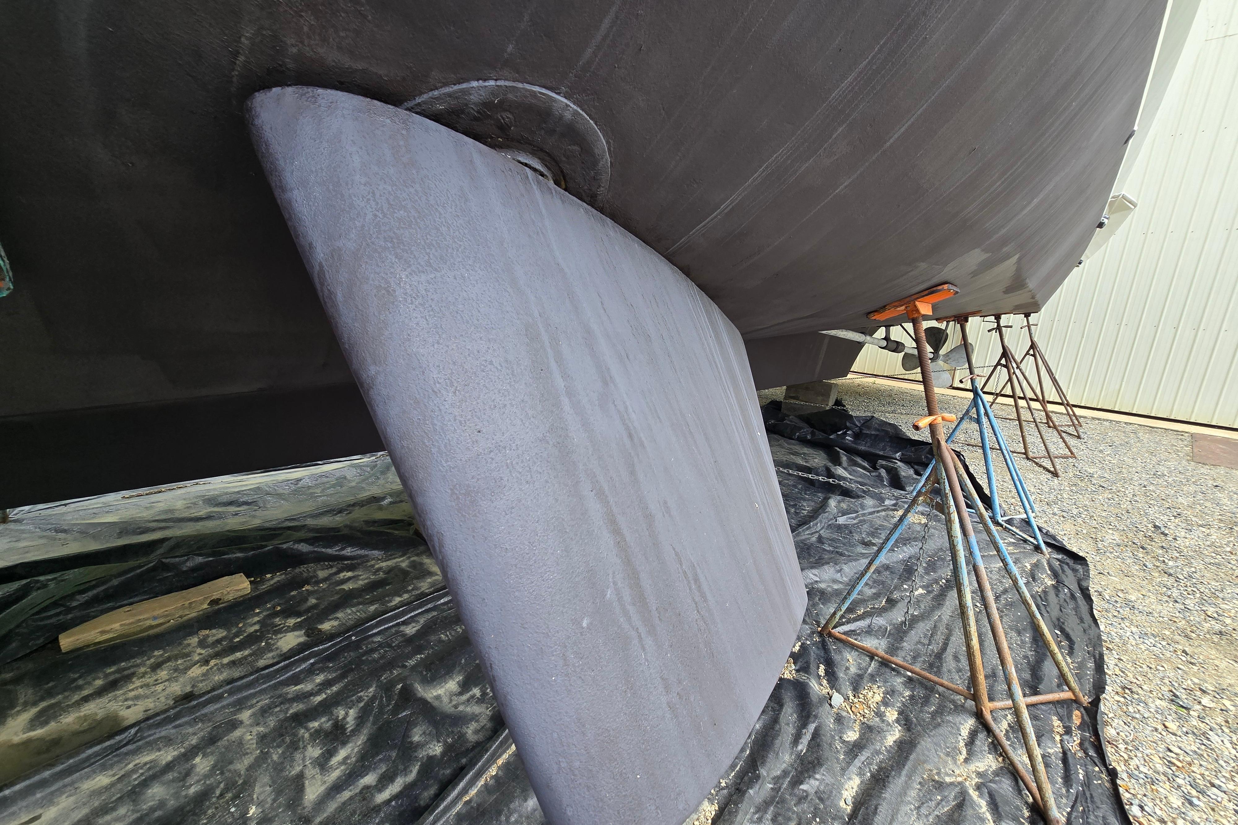 Rudder of a 1980 Hatteras 70 Motor Yacht on dry dock.