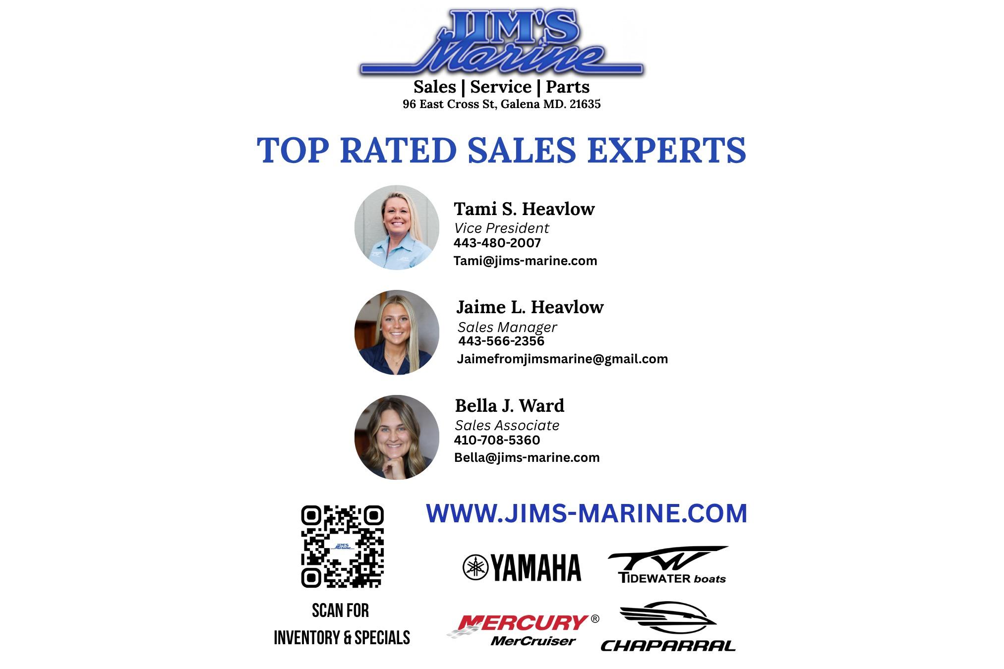 Jim's Marine top sales experts with contact details, featuring Chaparral 23 SSi OB 2026.