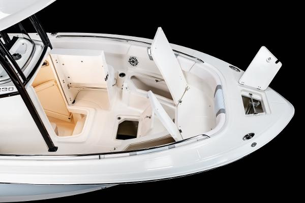 Manufacturer Provided Image: 2025 Robalo R232 Explorer boat with open storage compartments, showcasing sleek design and functionality.