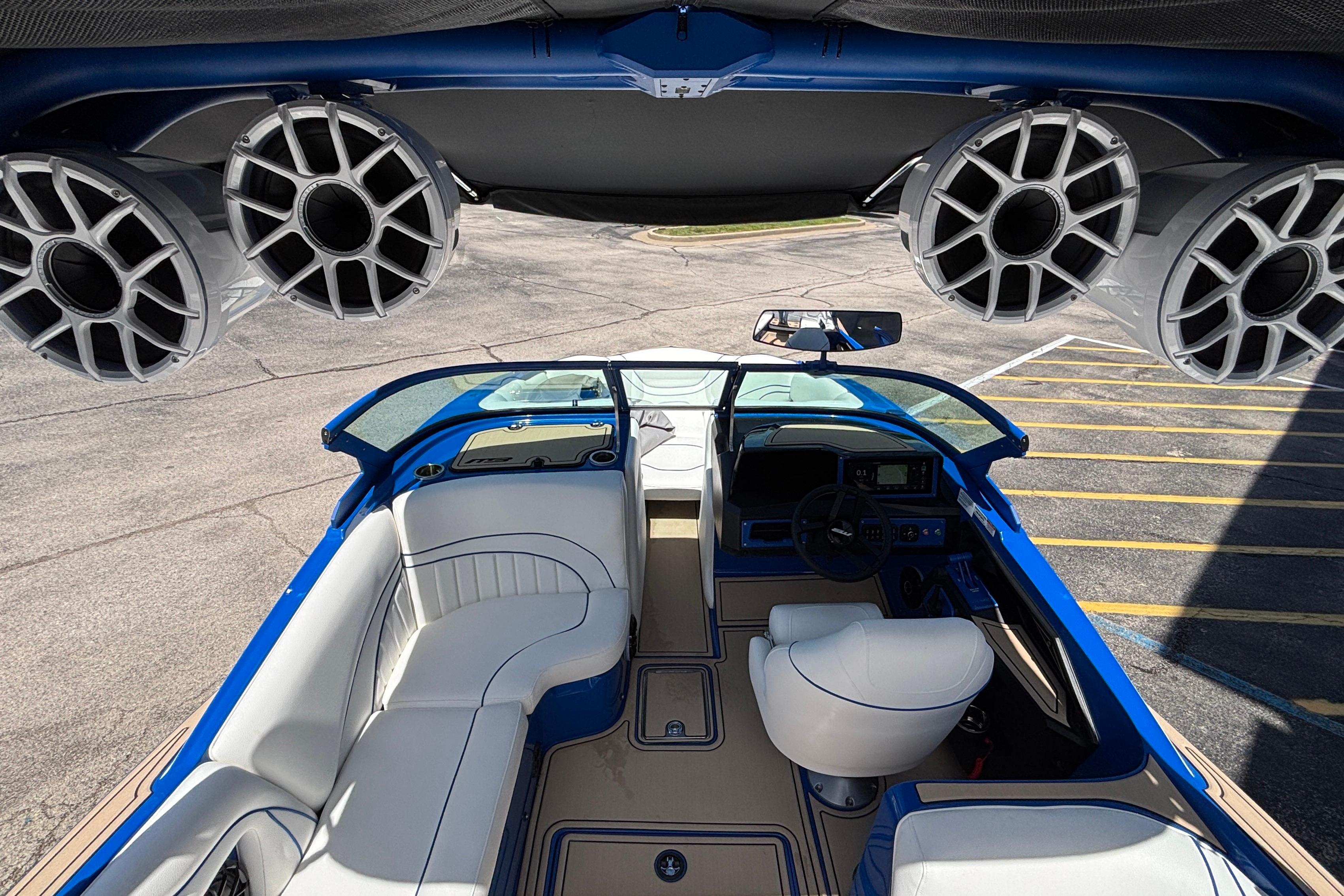 Interior of 2026 MB B52 23 Alpha boat with premium seating and audio system.