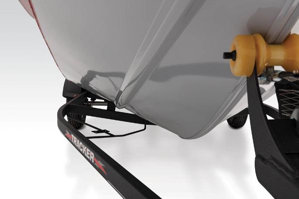 Close-up of the bow of a Tracker Pro Team 175 TXW boat on a trailer.