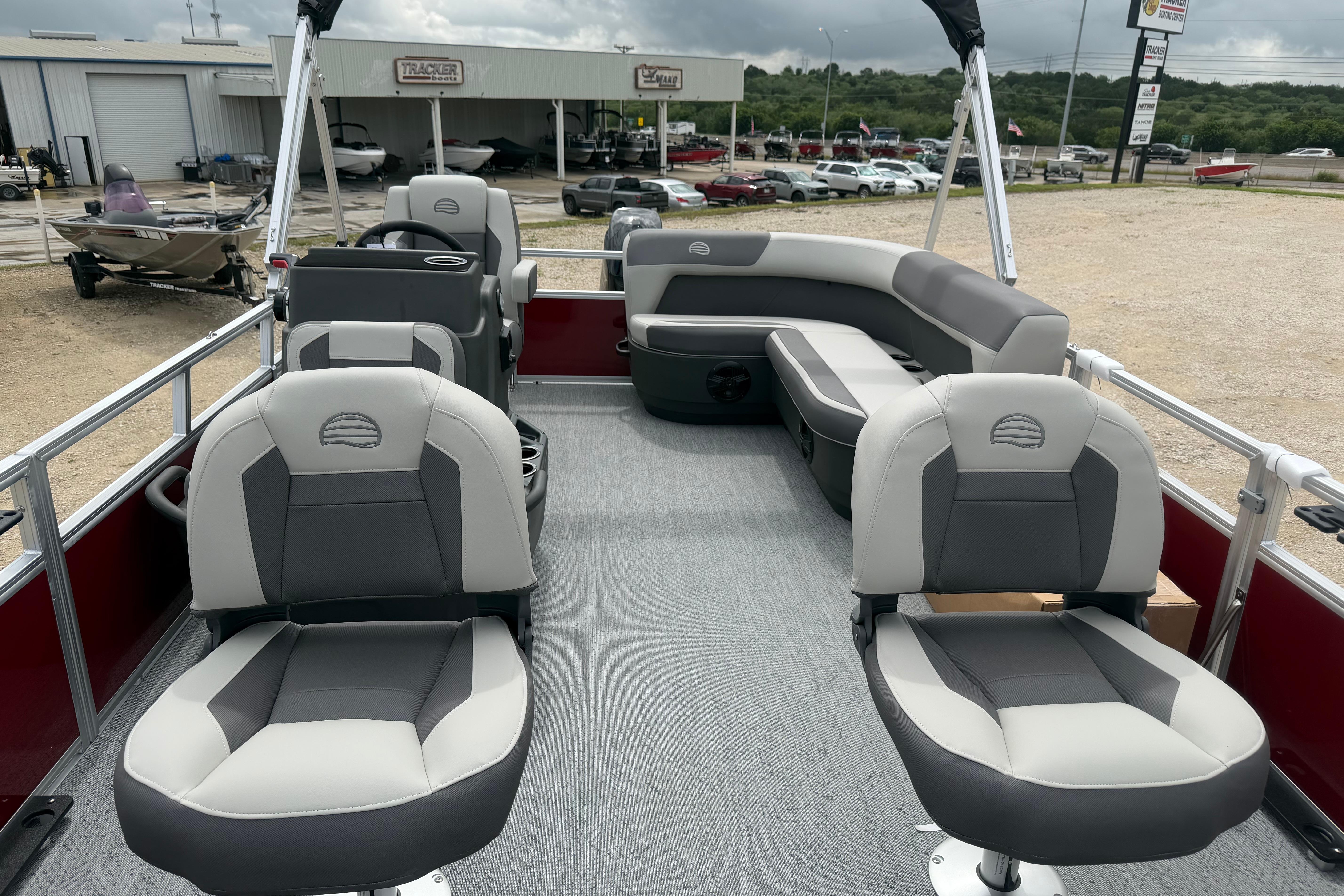 2026 Sun Tracker Bass Buggy 16 XL Select pontoon boat interior with seating.