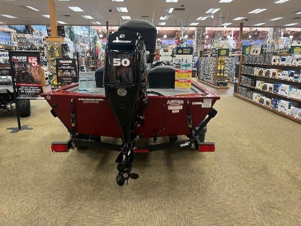2025 Tracker Pro 170 boat displayed indoors with a Mercury 50 outboard motor.
