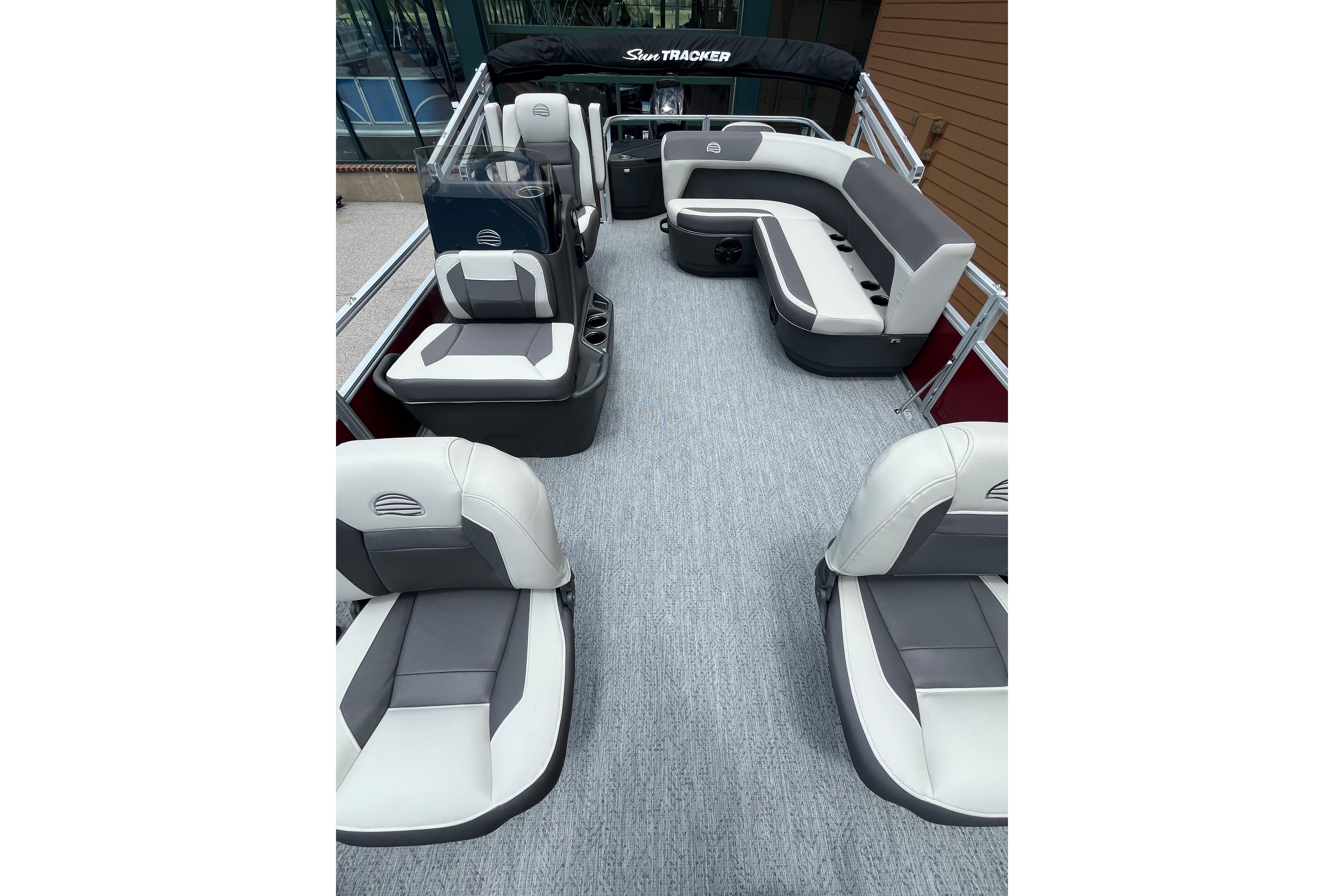 2026 Sun Tracker Bass Buggy 18 DLX pontoon boat interior with spacious seating and modern design.
