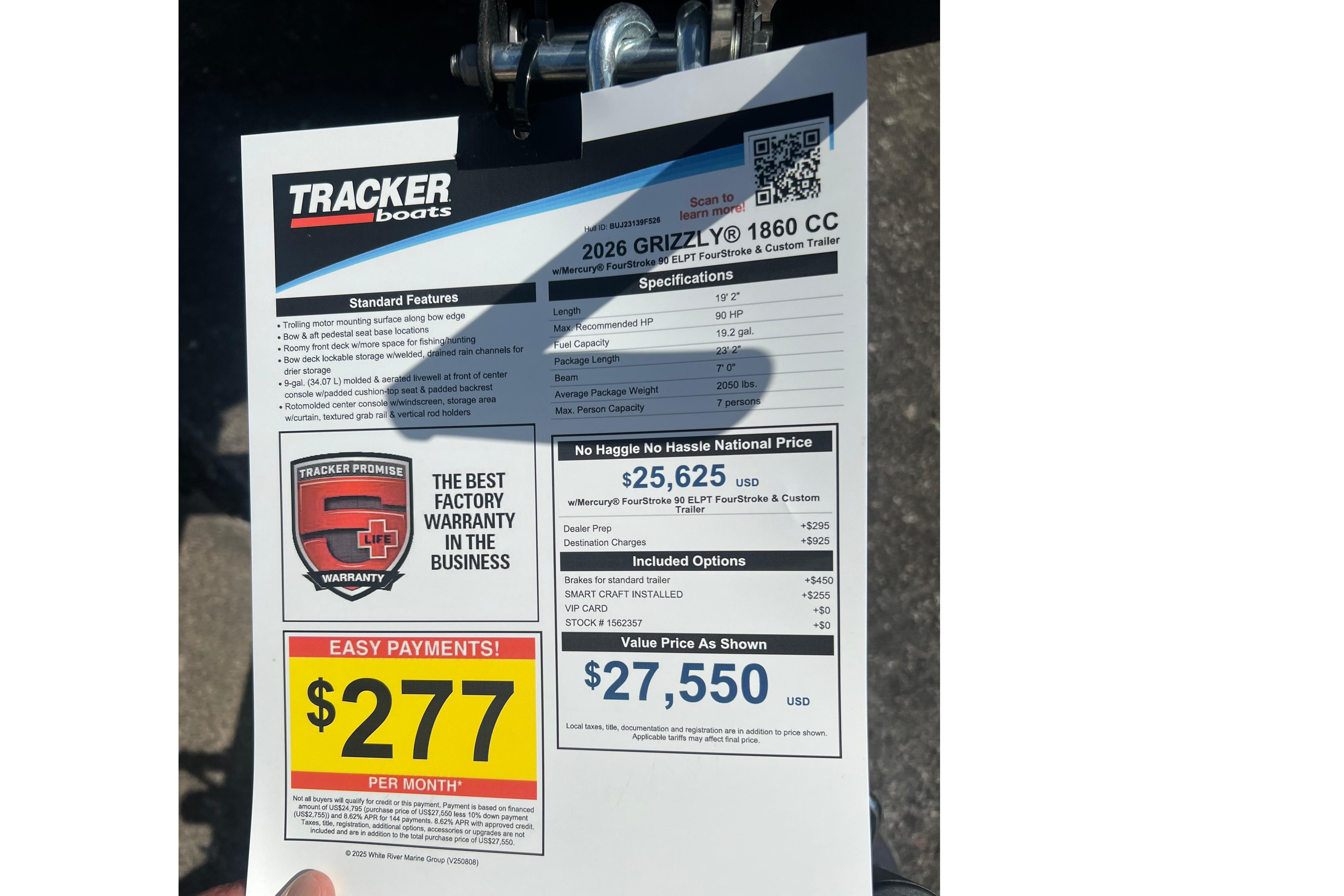 2026 Tracker Grizzly 1860 CC boat price sheet with warranty and payment details.