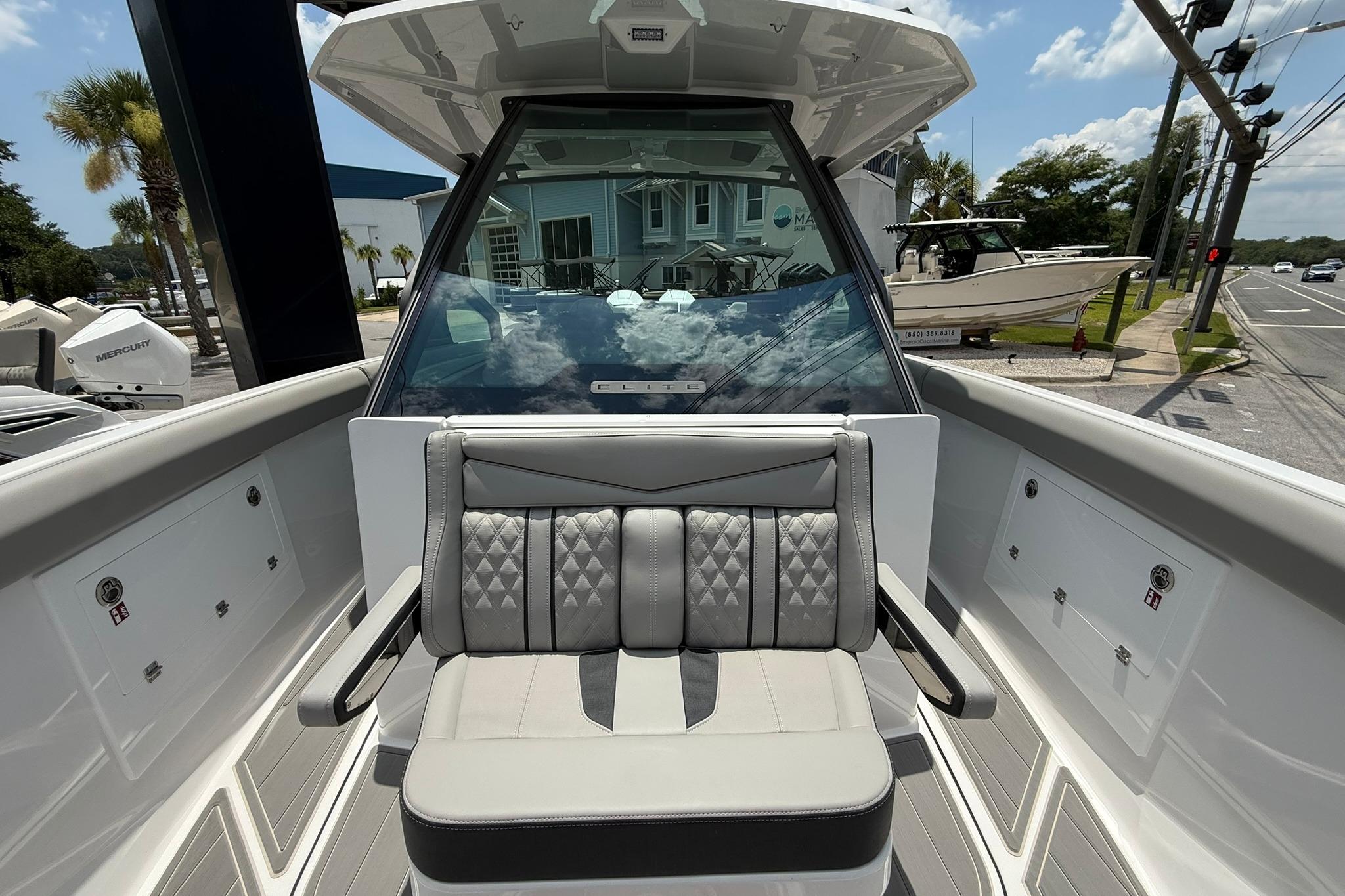 2027 Monterey Elite 30 OB boat interior with luxurious seating and modern design.