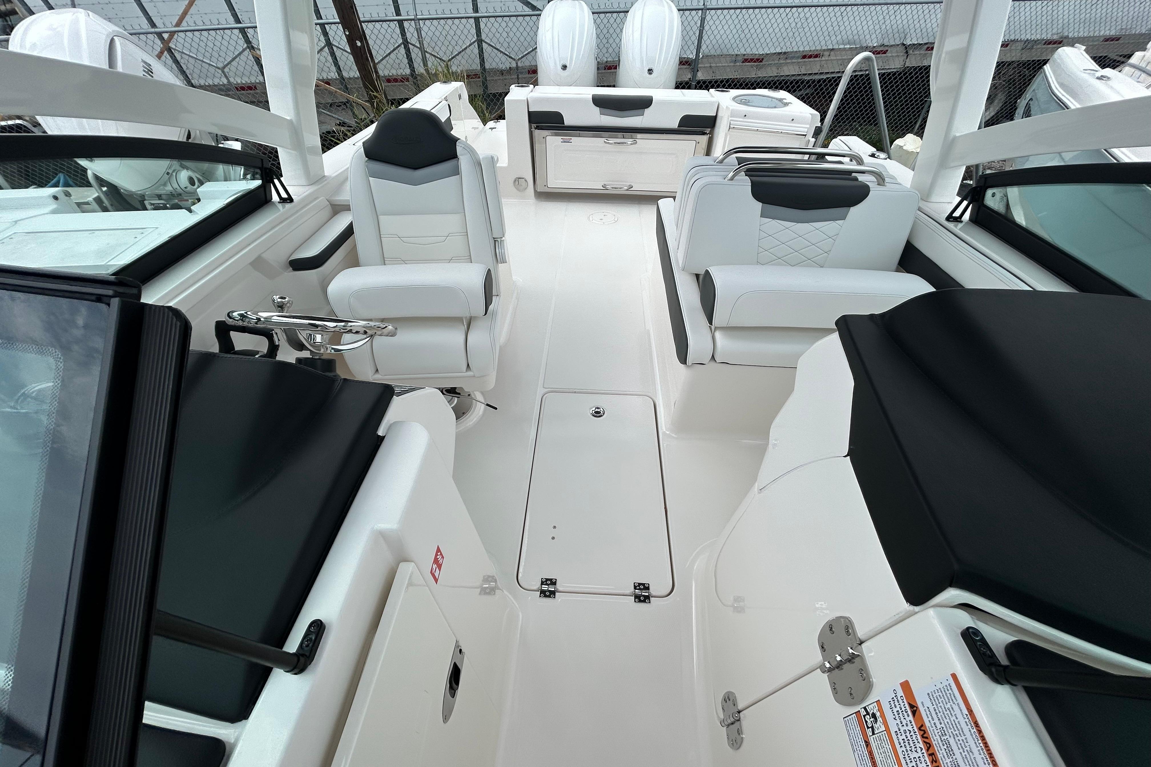 2026 Robalo R257 Dual Console boat interior with sleek seating and modern design.