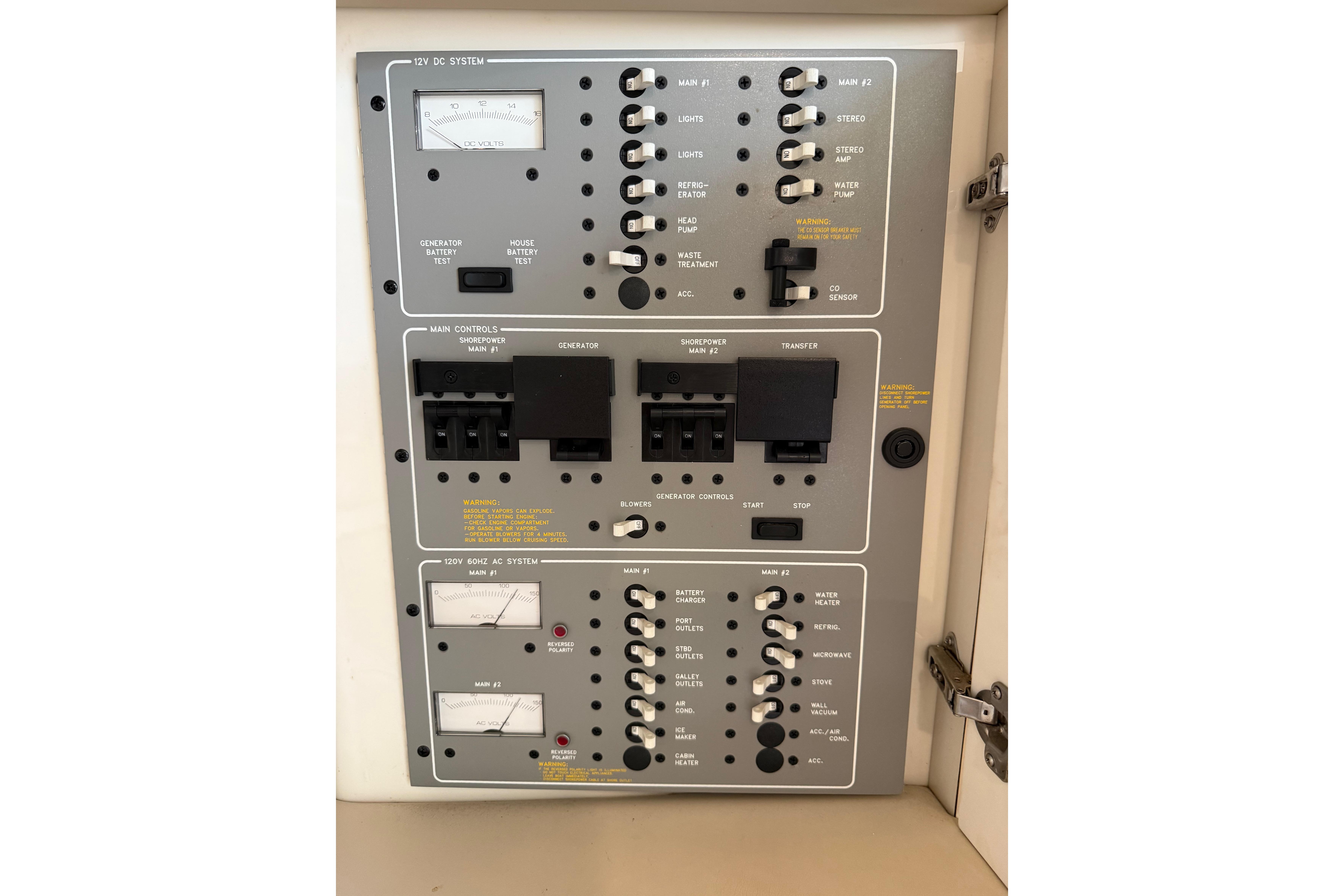 Electrical control panel of a 1999 Formula 34 Performance Cruiser boat.