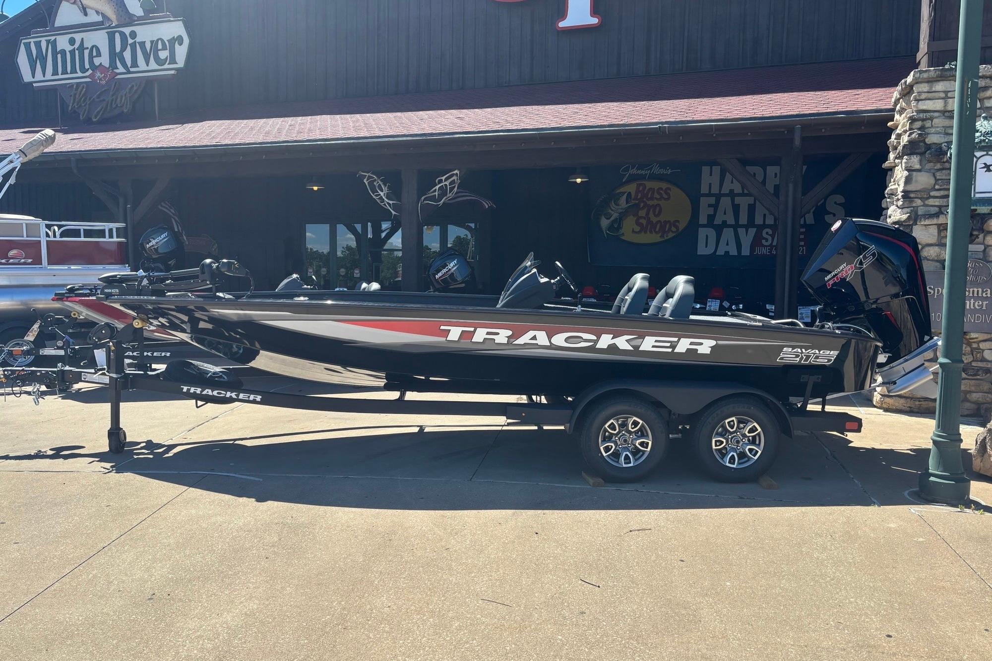 2026 Tracker Savage 215 boat displayed outside White River store.