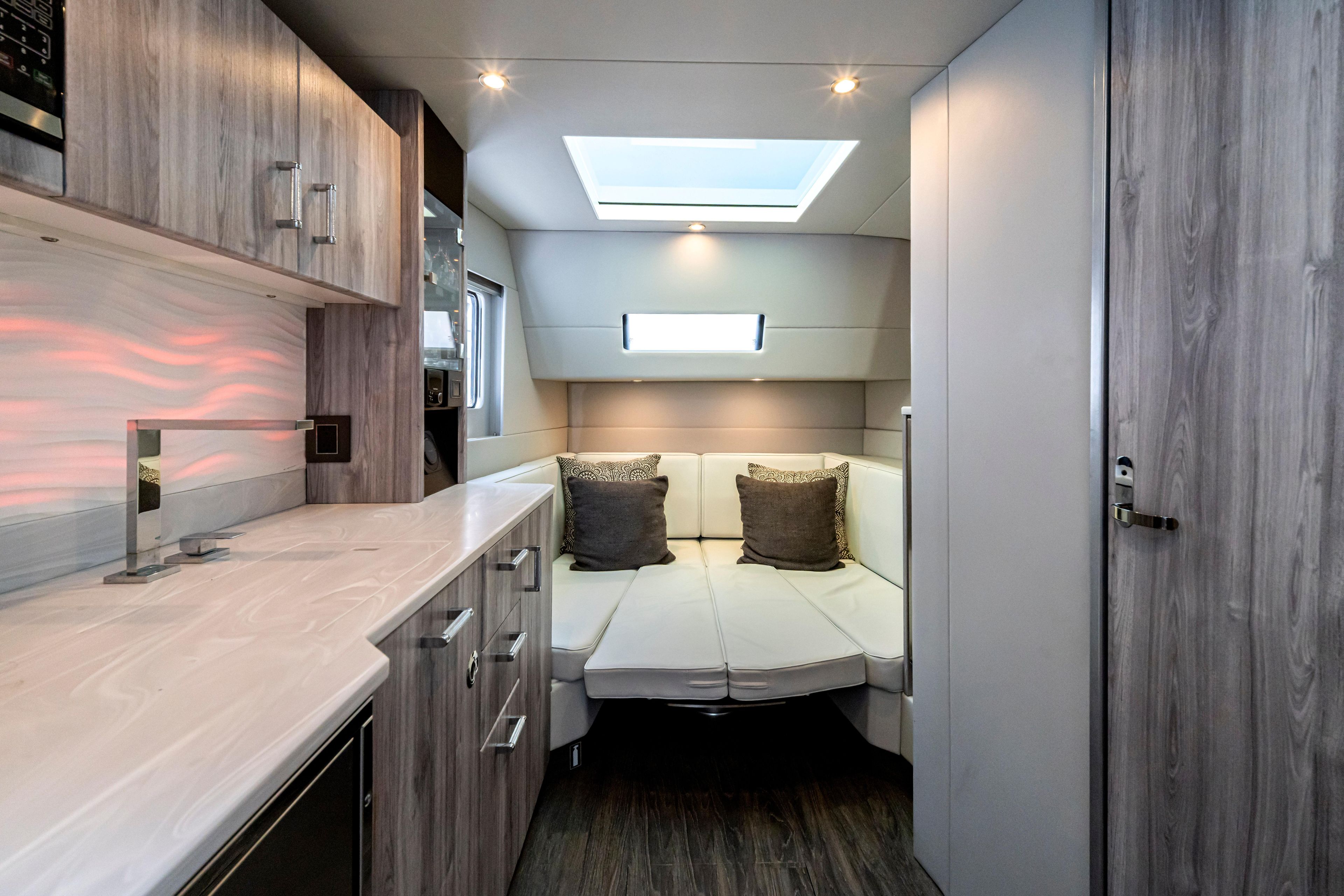 Luxurious interior of 2022 Formula 500 Super Sport Crossover yacht with modern design.