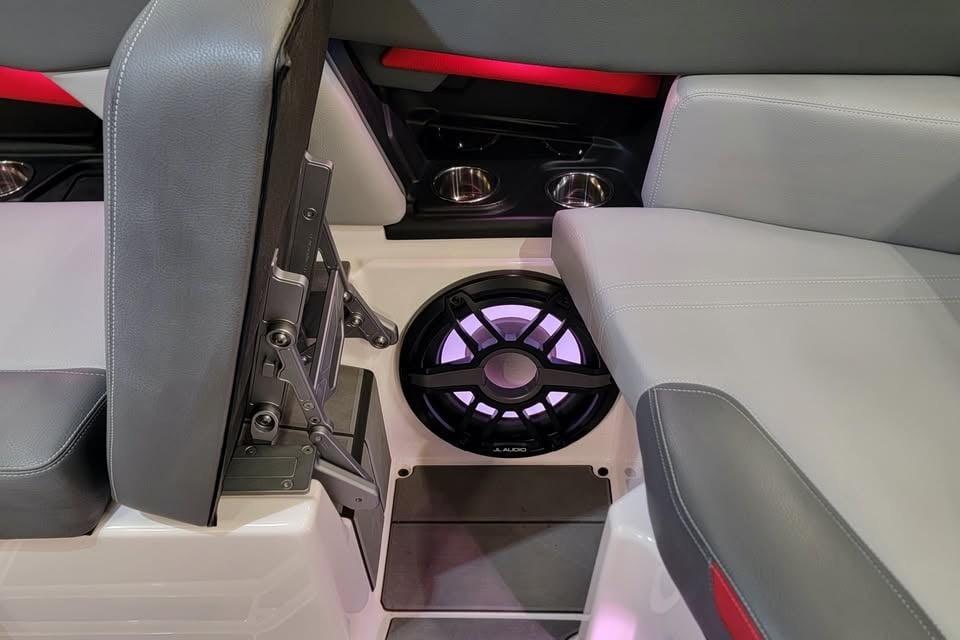 2023 Supra SE 550 boat interior with speaker and seating detail.