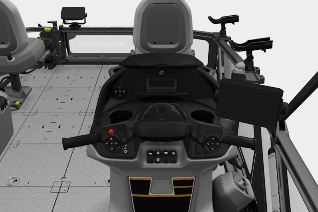 2026 Sea-Doo Switch Fish 18 dashboard with steering controls and seating.