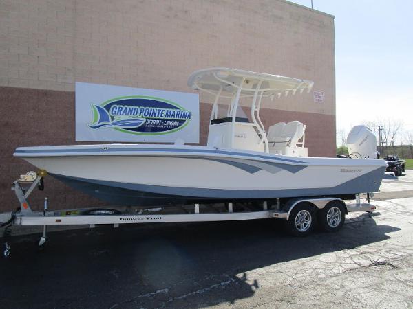 2024 Ranger 2660 Bay boat on trailer at Grand Pointe Marina.