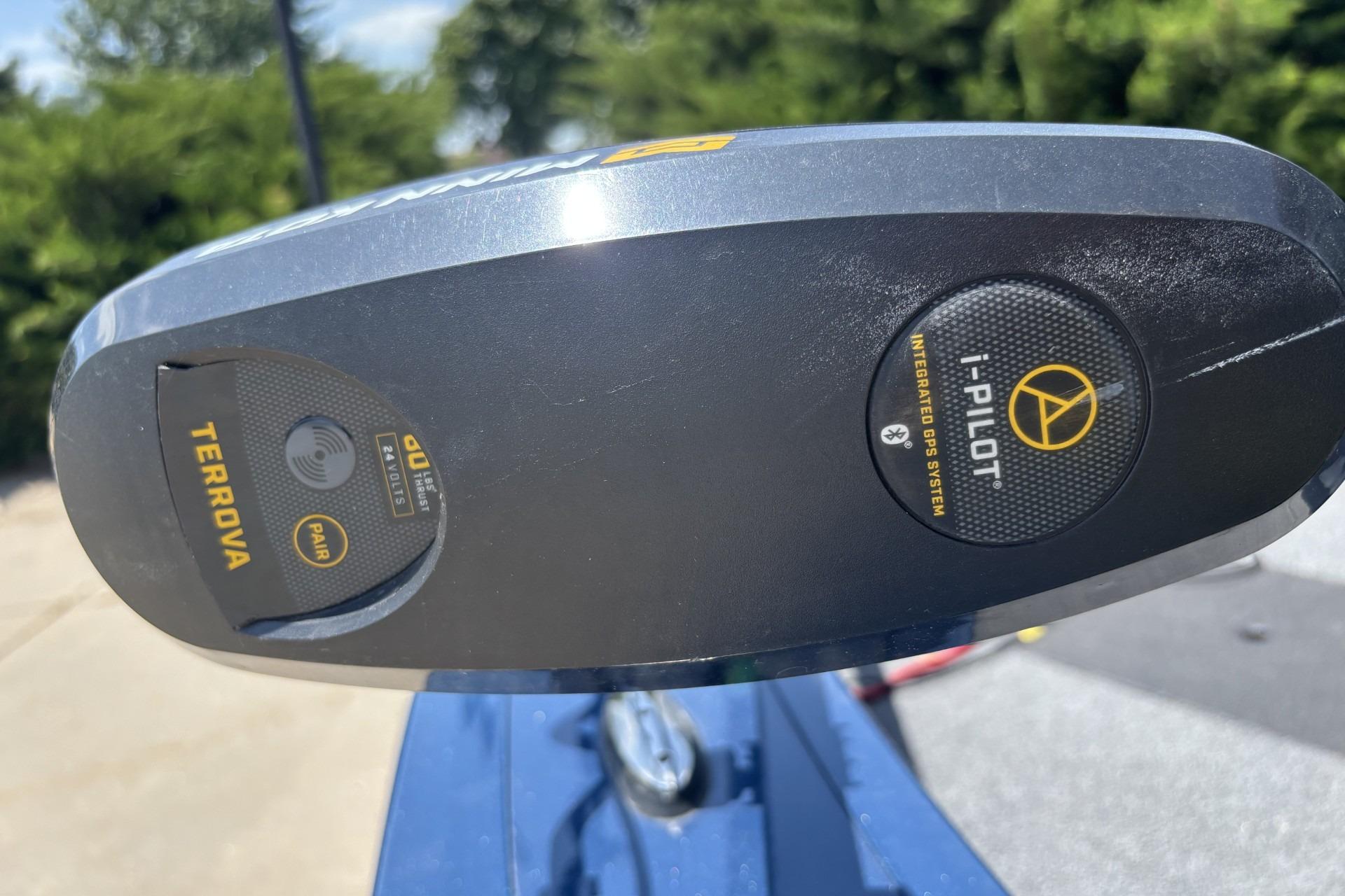 Close-up of a 2021 Ranger VX1788 WT boat's i-Pilot GPS system and Terrova motor.
