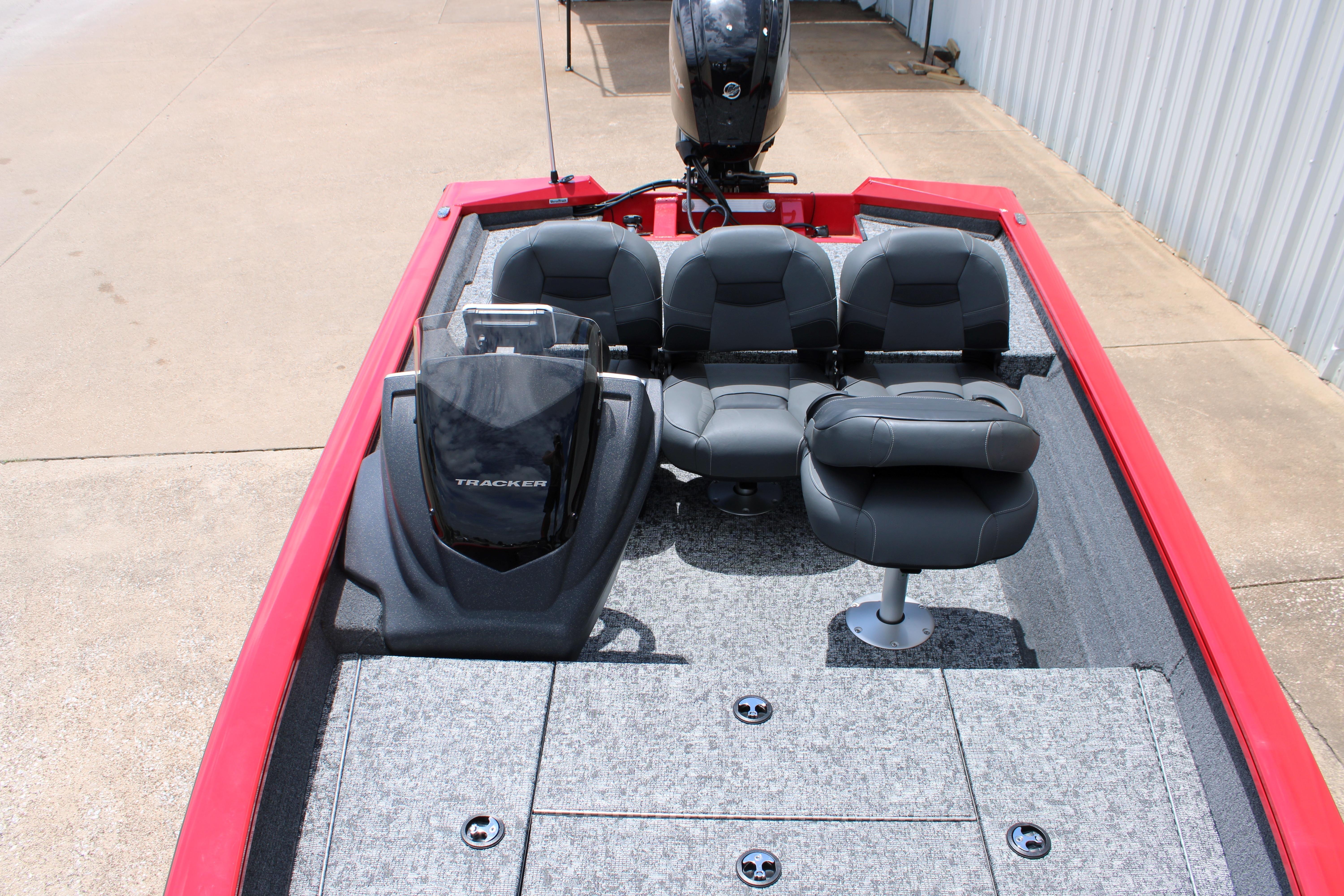 2026 Tracker Pro Team 175 Crappie Edition boat with red trim and gray seating.