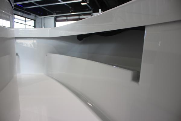 2025 East Cape 25 Open boat interior, showcasing sleek white design and modern craftsmanship.