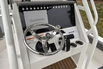 2025 Ranger 2360 Bay boat console with Garmin navigation system and steering wheel.