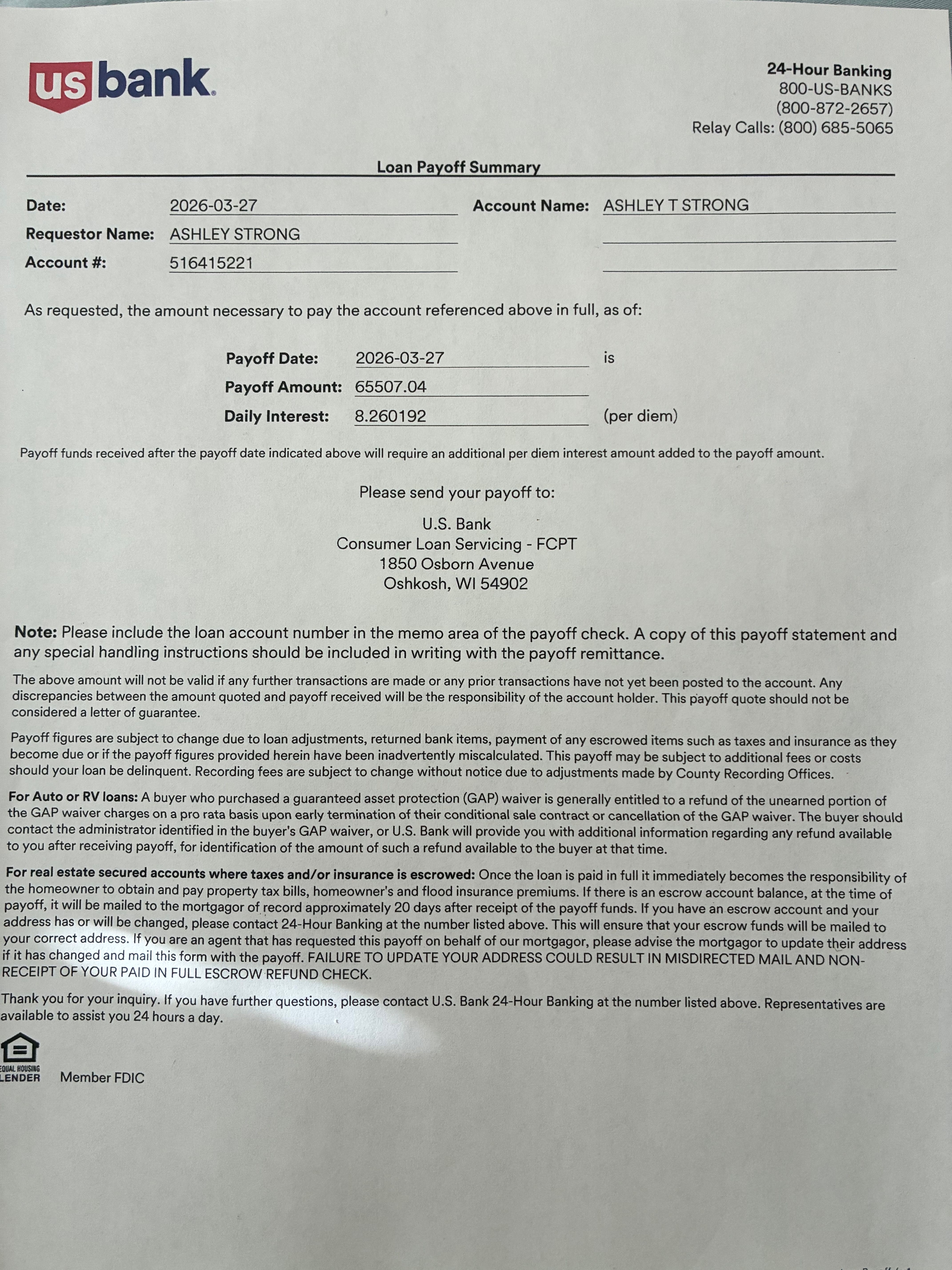 US Bank loan payoff summary for Ashley Strong, due date 2026-03-27.