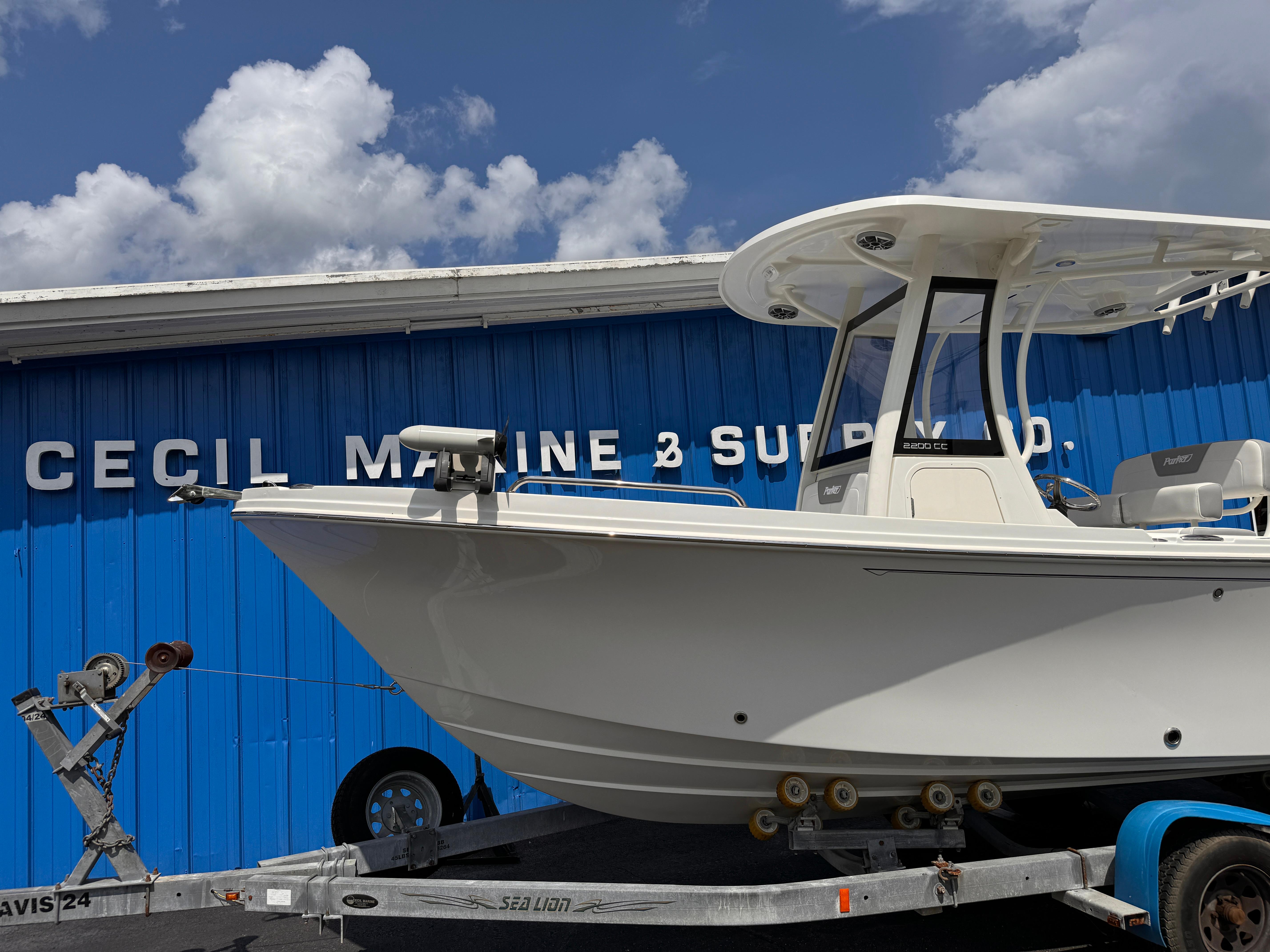 2025 Parker 2200 Center Console boat on trailer at Cecil Marine & Supply.