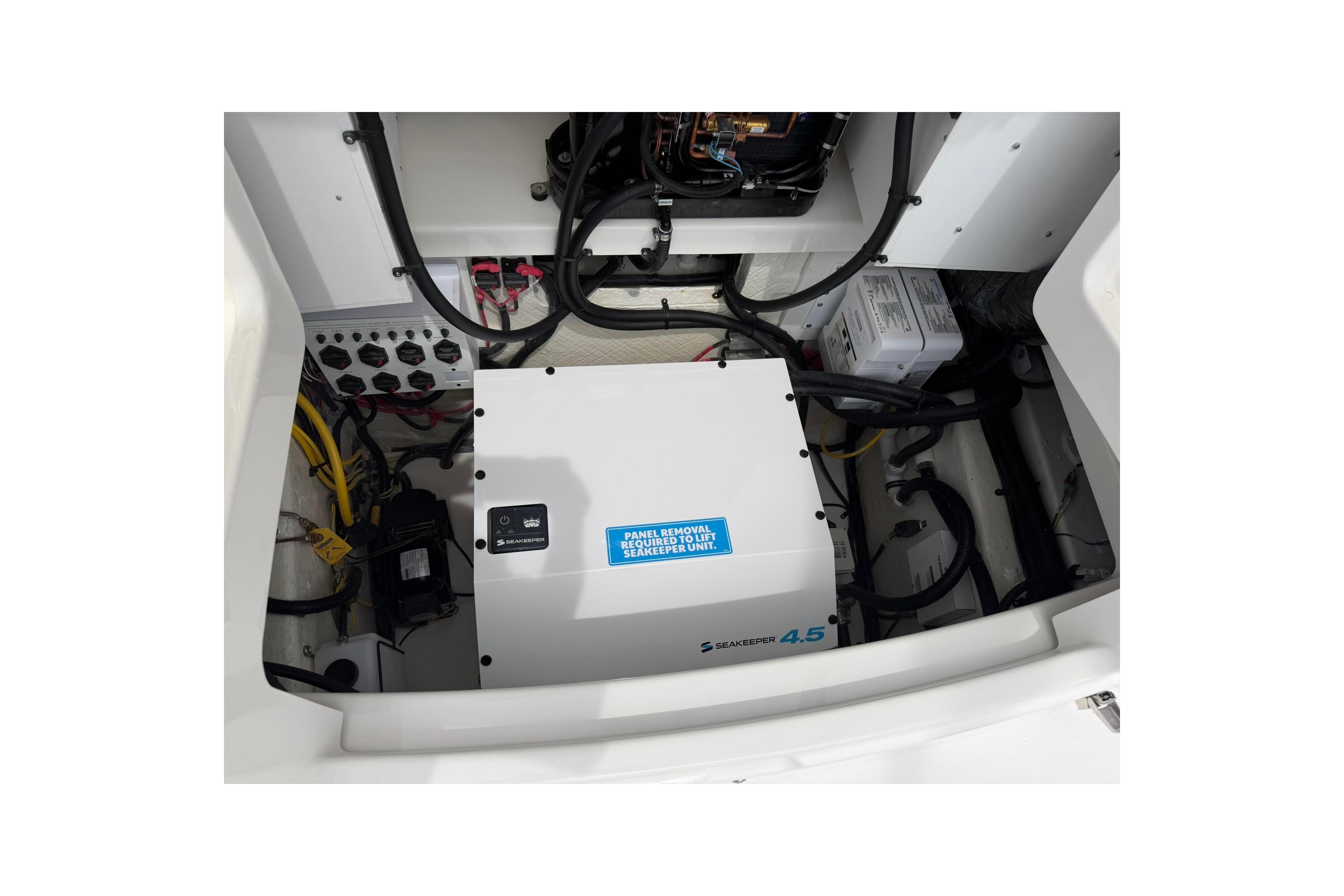 2026 Regulator 37 boat engine compartment with Seakeeper 4.5 stabilization system.