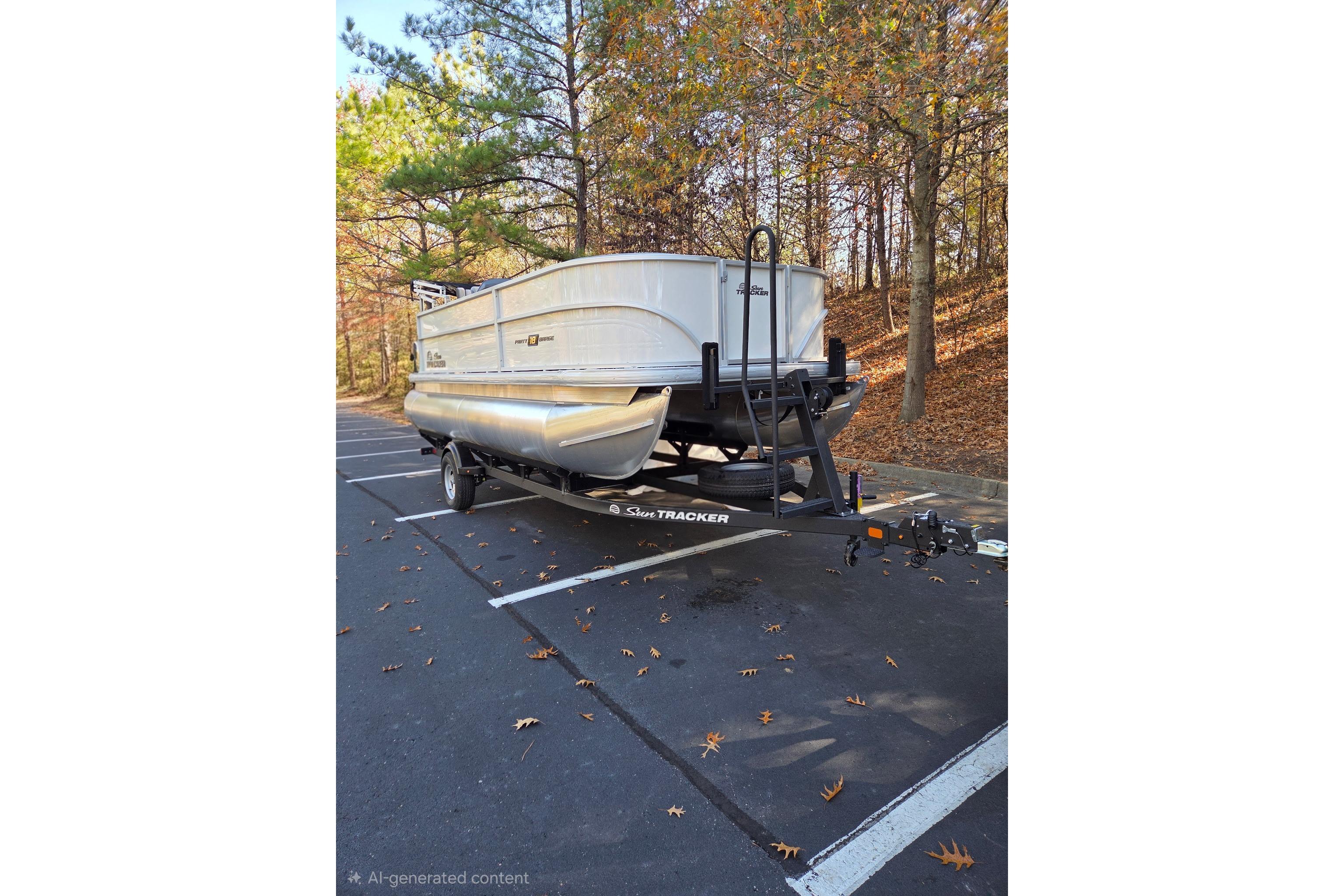 2026 Sun Tracker Party Barge 18 DLX pontoon boat on trailer in wooded parking lot.