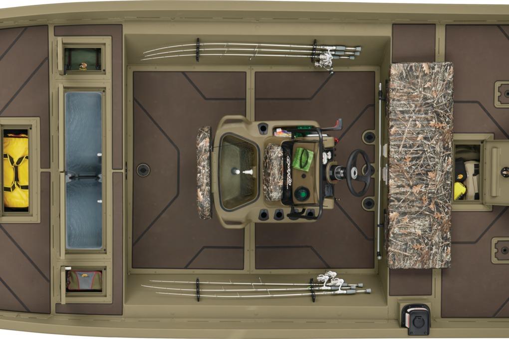 2024 Tracker Grizzly 2072 CC boat interior with fishing rods and camo seating.