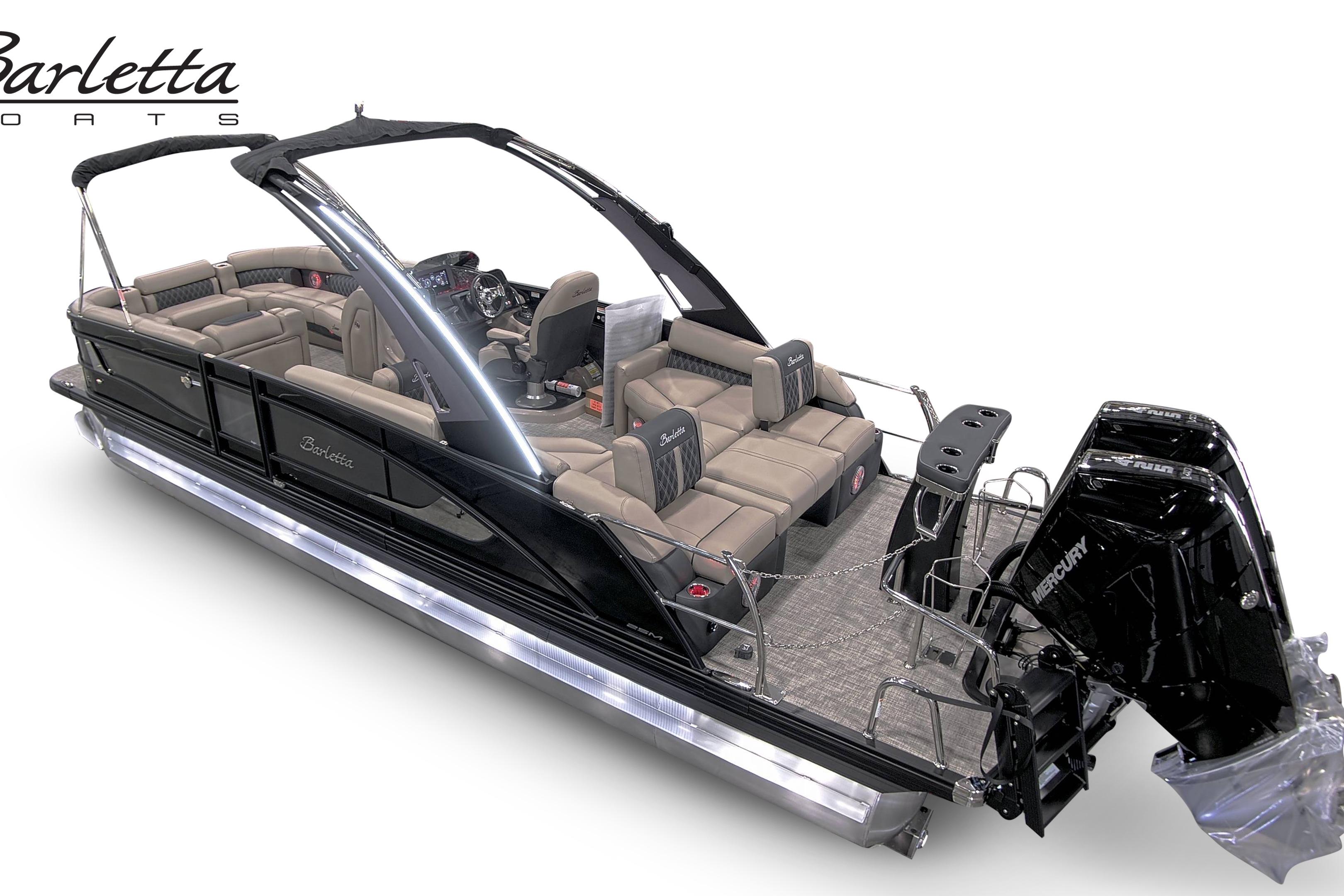 2027 Barletta L25MAT pontoon boat with luxurious seating and dual Mercury engines.