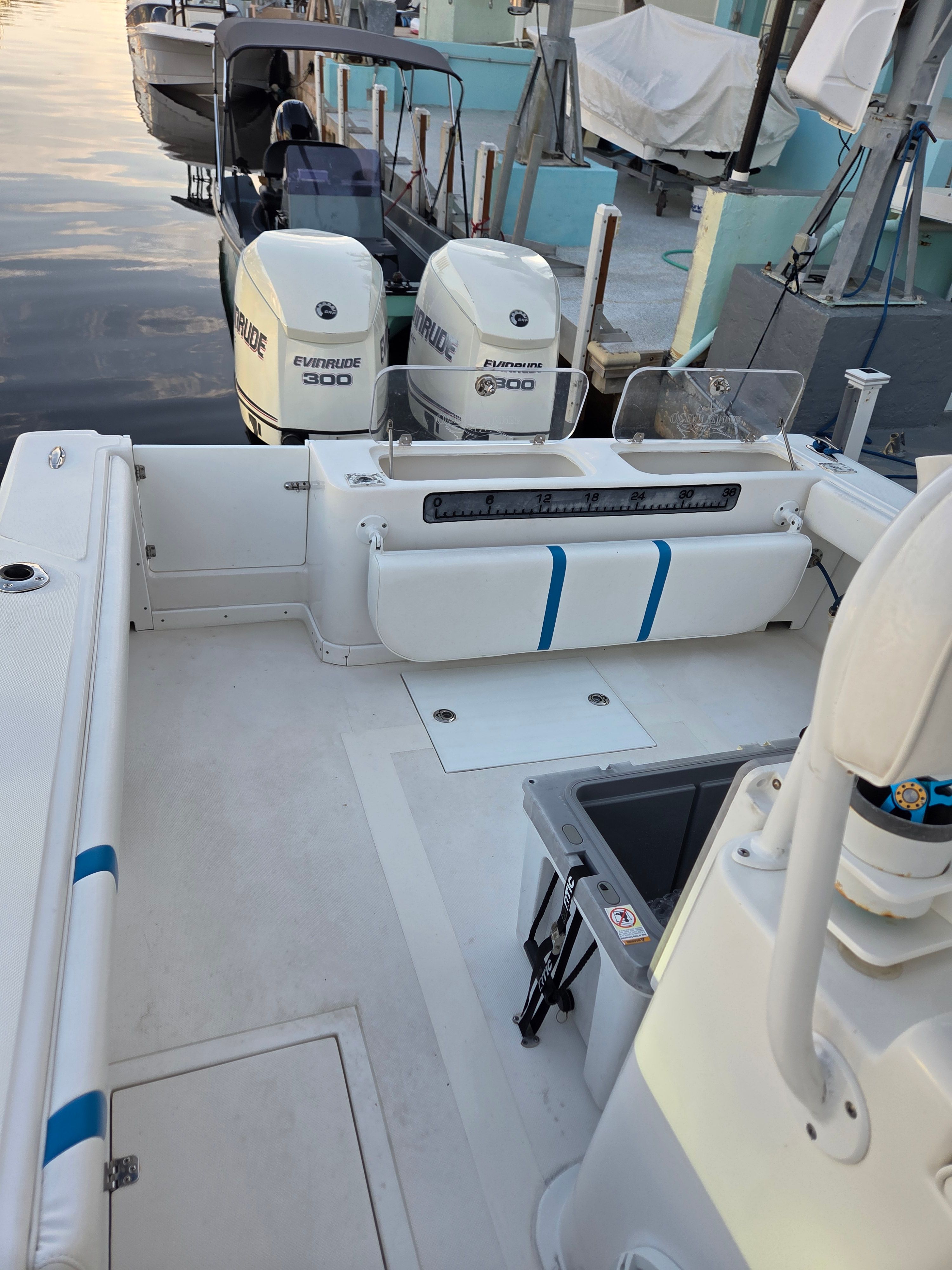 Interior of a 2012 Ocean Runner 29 boat with Evinrude engines.